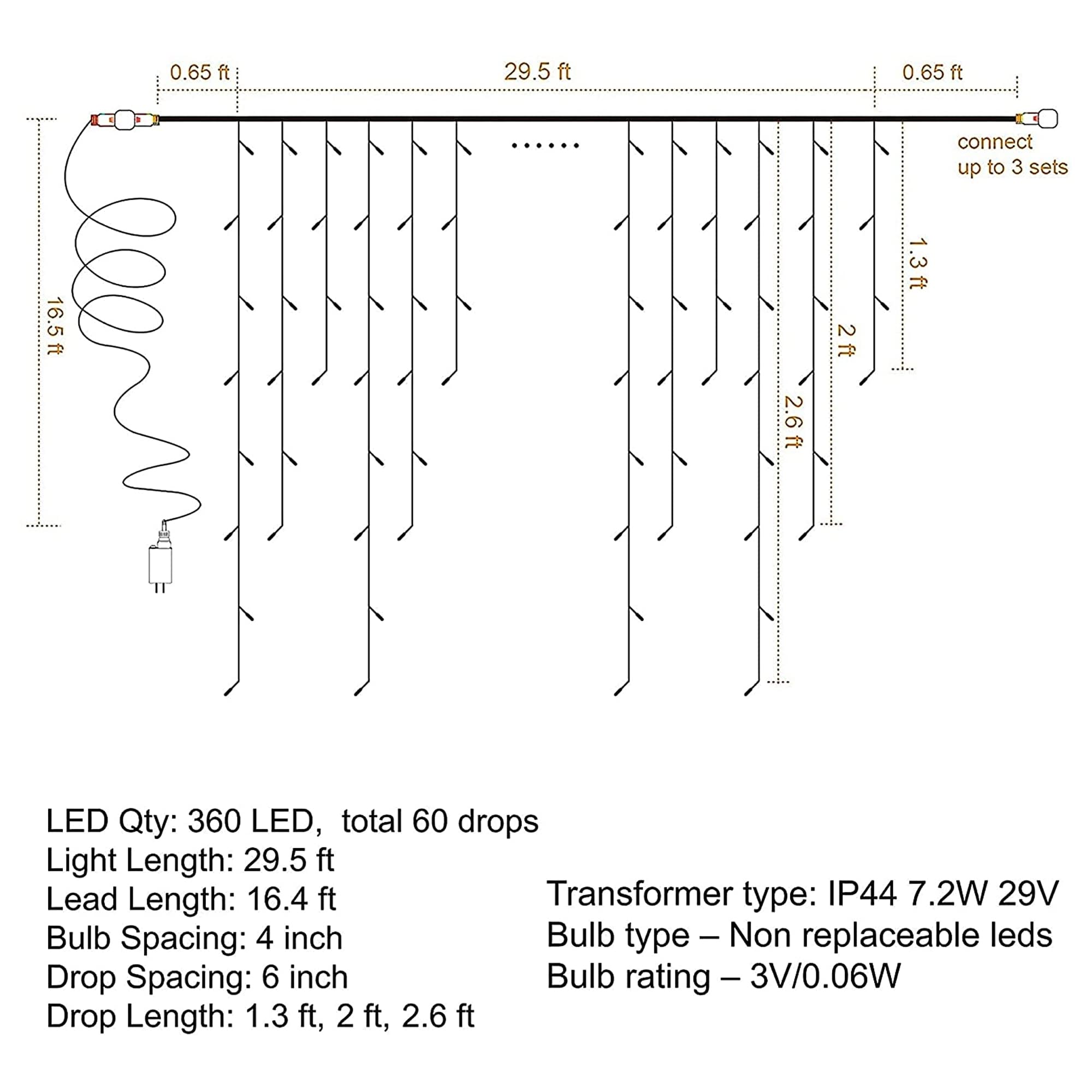 Dazzle Bright 360 Led Christmas Icicle Lights, 29.5 Ft 8 Modes Curtain Fairy Lights With 60 Drops, Connectable Xmas String Light
