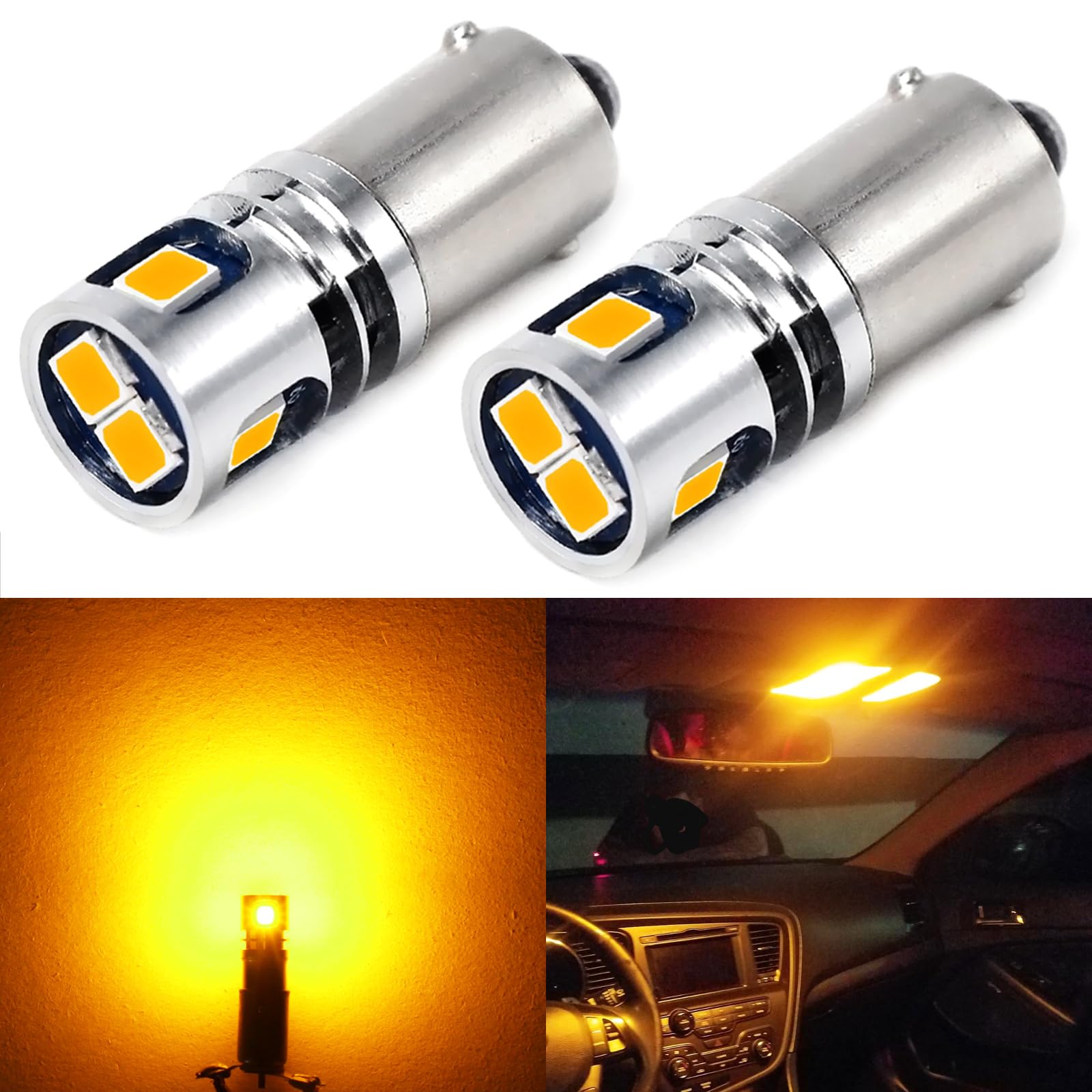 PHINLION BA9S LED Light Bulb 12V Non Polarity Amber Yellow 5 SMD Model BA9S-3030-5SMD for Car Interior Dash Instrument Panel