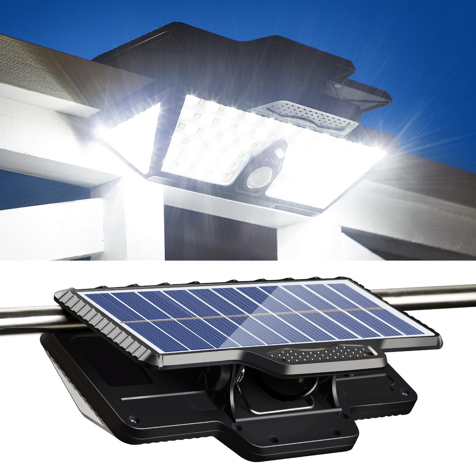 2Pack 208LEDs Solar Lights Outdoor with Motion Sensor, 1000LM Clip on Solar Powered Security Flood Lights with 3 Mounting Ways, 