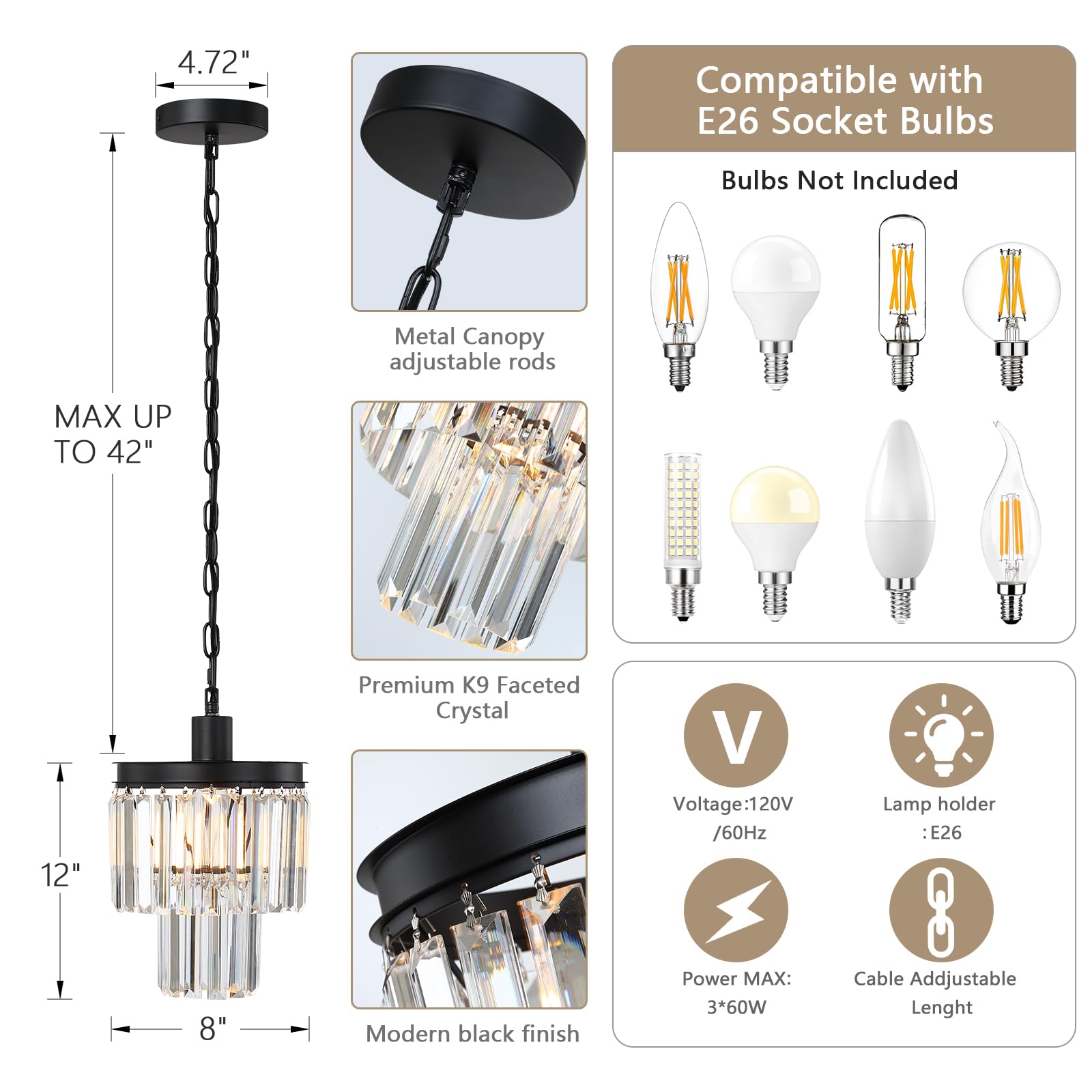 Klklch Crystal Chandeliers For Dining Room, Pendant Lights Kitchen Island Black Chandelier For Bedroom Living Room Light Fixture