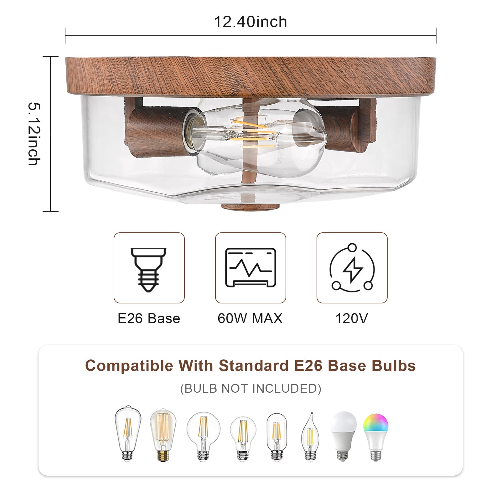 Luminzone 2-Light Flush Mount Ceiling Light, Clear Glass Shade, Wood Finish For Indoor/Outdoor