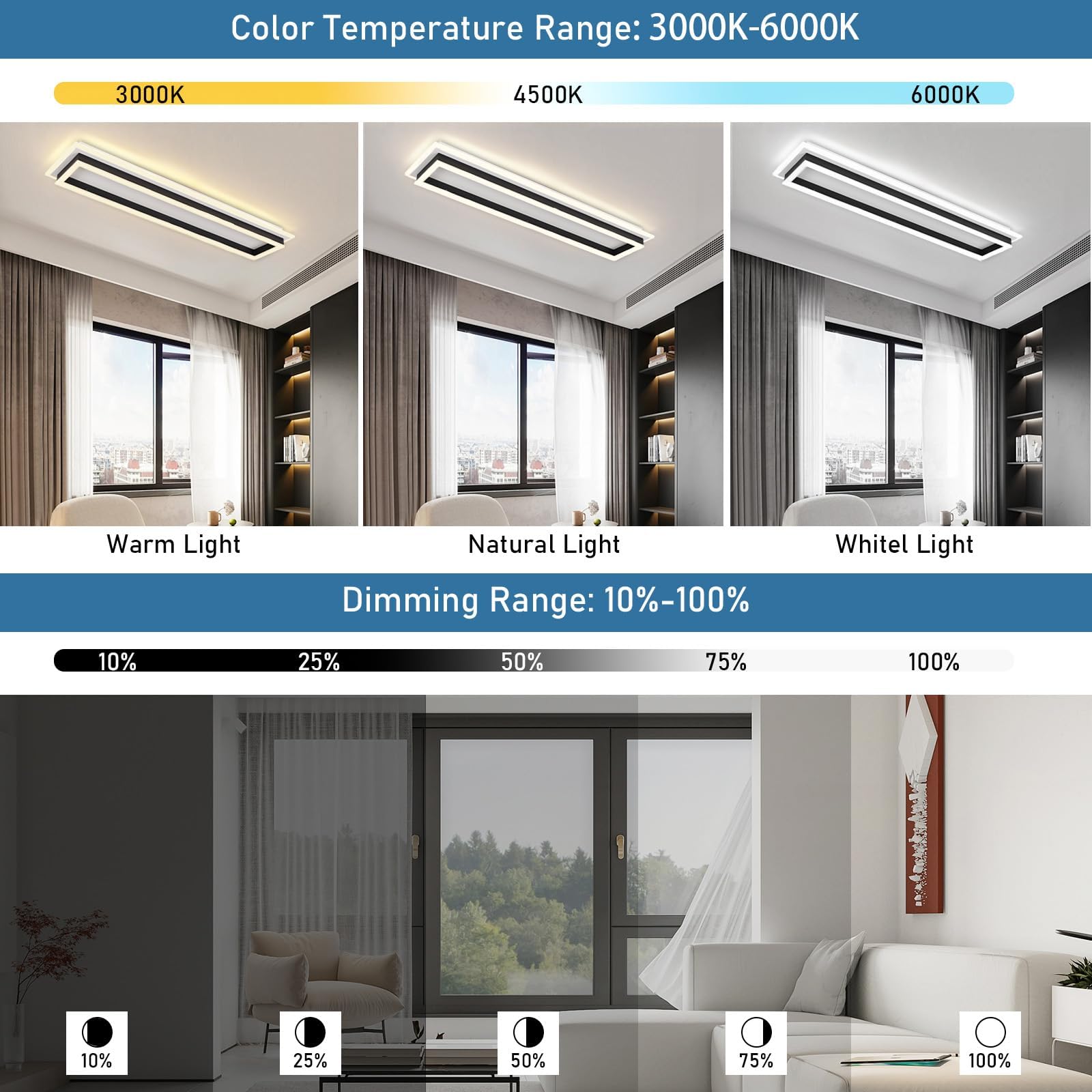 Vloitgol Dimmable LED Ceiling Light, Modern Linear Flush Mount, 31.5in, Black, Model CL-80CTYKL-D, Acrylic for Living Room, Kitchen, Dining