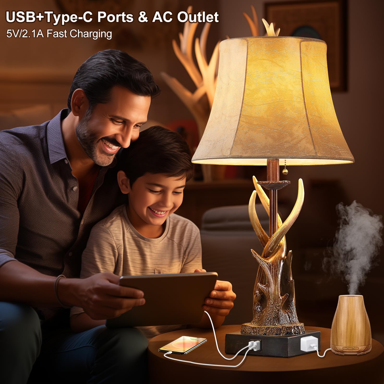 Bowobo Antler Table Lamps Set Of 2 With Usb A+C Ports For Bedroom Farmhouse Deer Rustic Bedside Lamps With Faux Leather Bell Sha