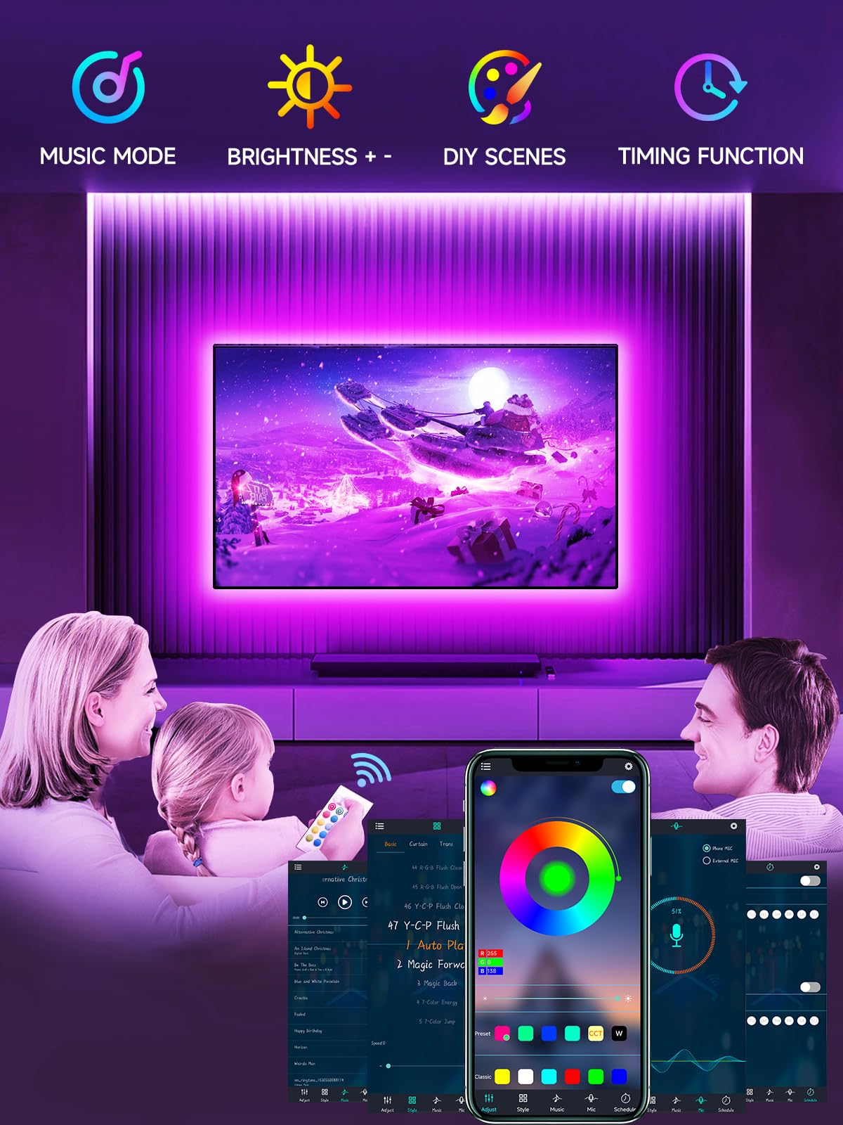 Led Lights For Tv, 13.1Ft Tv Led Backlight For 40-65 Inch, Rgb Color Changing Strip Lights Behind Tv, Music Sync Bluetooth App A