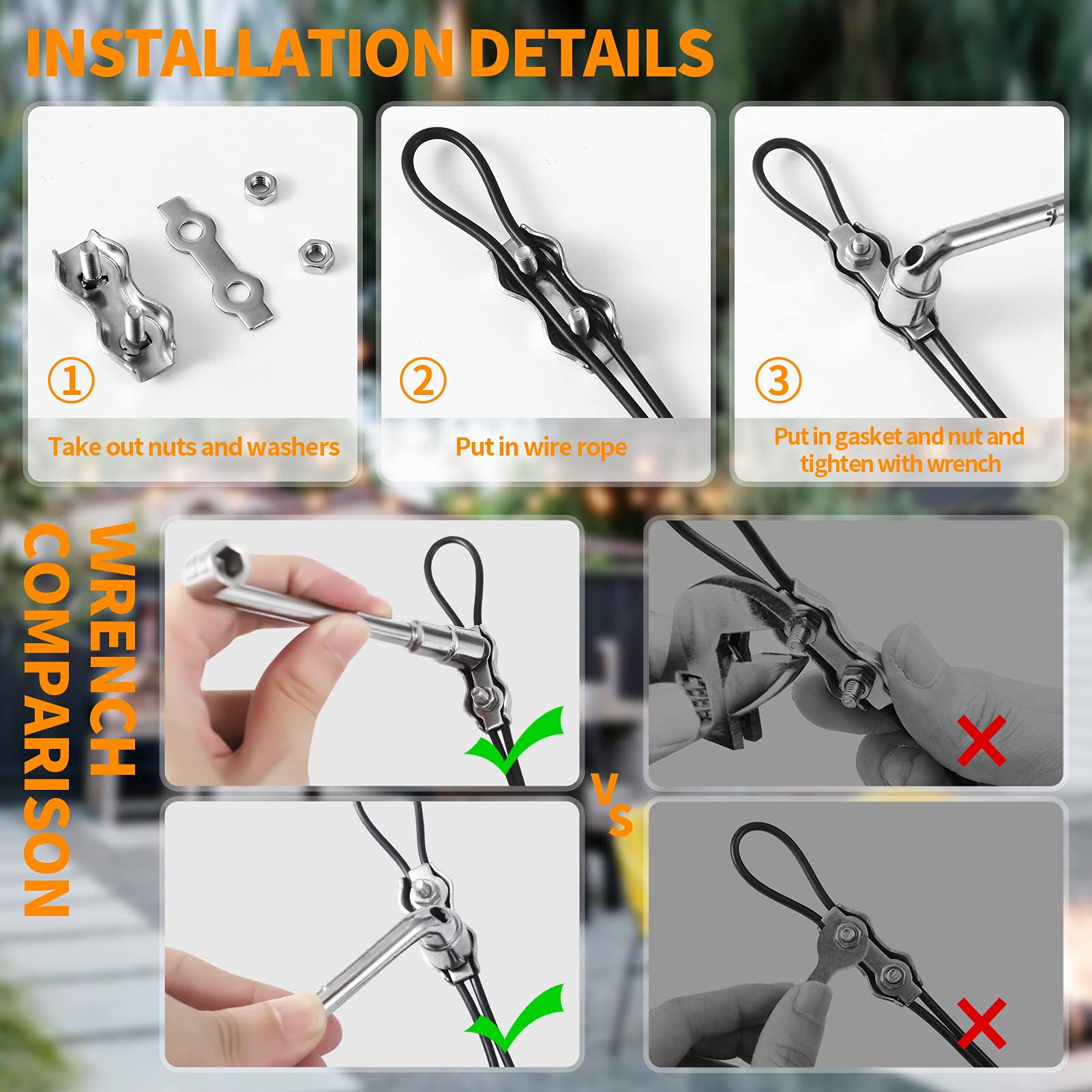 Keeimp String Light Hanging Kit,164 Ft Nylon Coated Stainless Steel 304 Wire Rope, String Lights Suspension Kit,Outdoor Light Ha