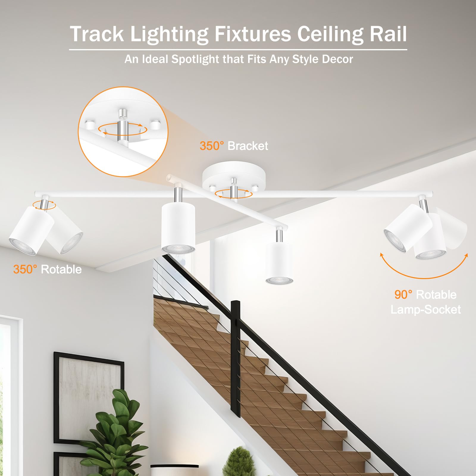 4 Light Track Lighting Kit Kitchen, White Track Lighting Fixtures Ceiling, 4 Way Modern Flexible Spot Track Lighting, Industrial