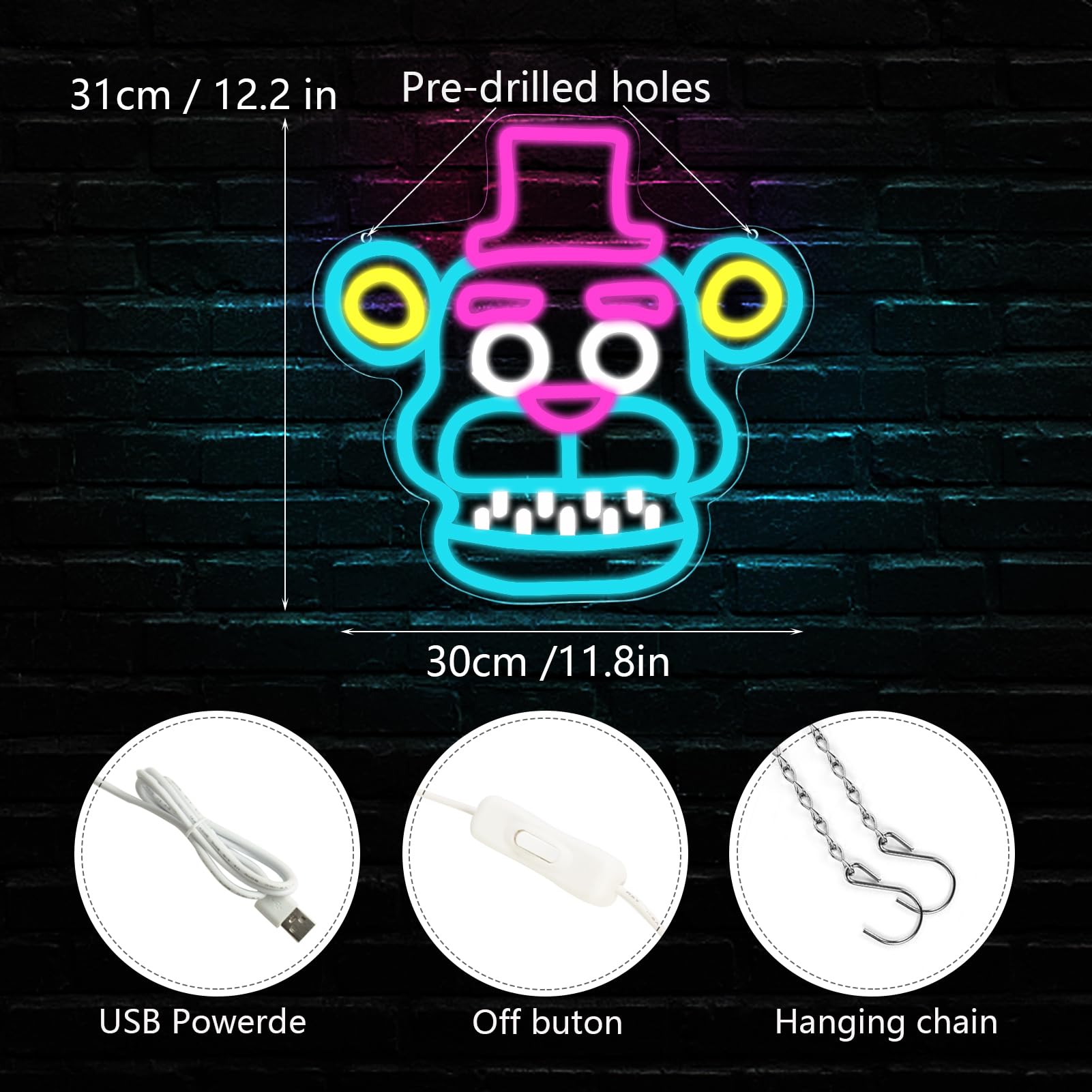 AHlove Neon Sign - Freddy LED Wall Decor for Bedroom, 12.2"x11.8", Perfect Birthday & Christmas Gift for Kids
