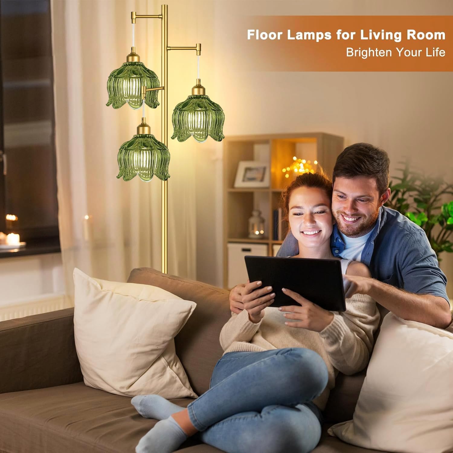 QIYIZM Gold Floor Lamp - Mid Century Modern 3-Light Metal Standing Lamp, 23" Tall, Vintage Retro with Green Glass Flower Shade