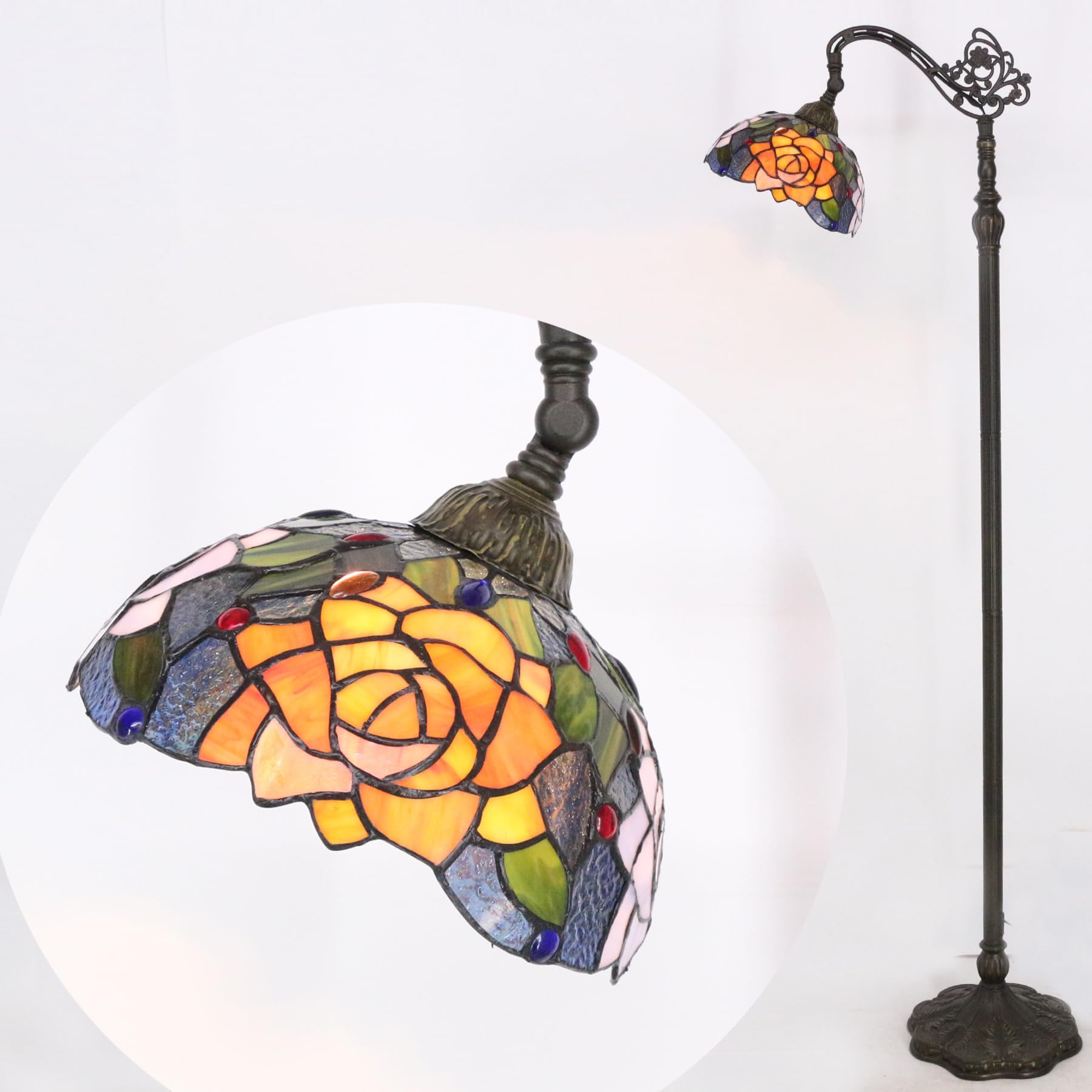 Avivadirect Tiffany Floor Lamp Stained Glass Orange Red Rose Arched Reading Light Gooseneck Adjustable Corner Standing Lamp 10X1