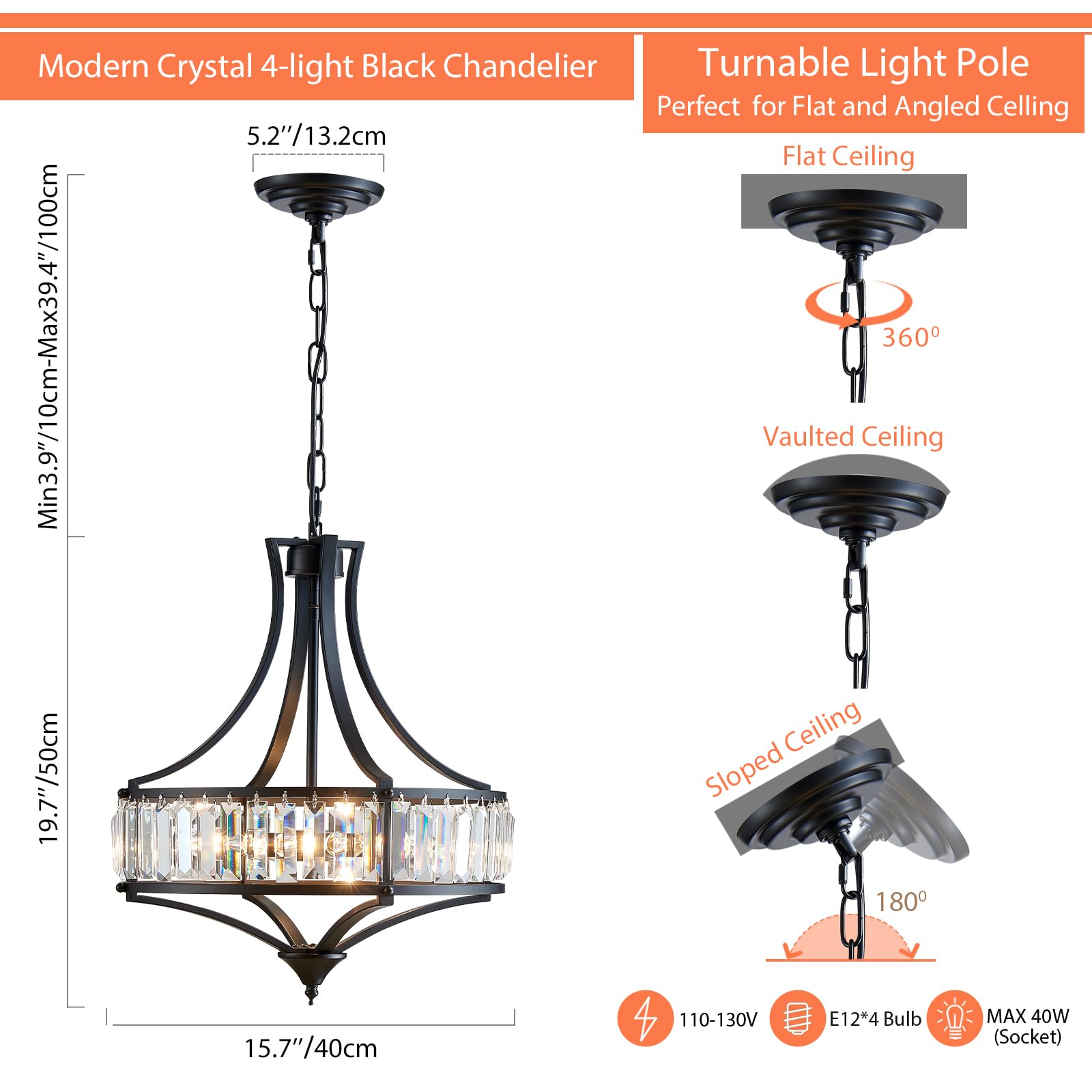 Majhoiw 4-Light Crystal Chandelier - Rustic Metal Shade, Round Design for Dining Room, Hallway, Foyer - 15.7" Black