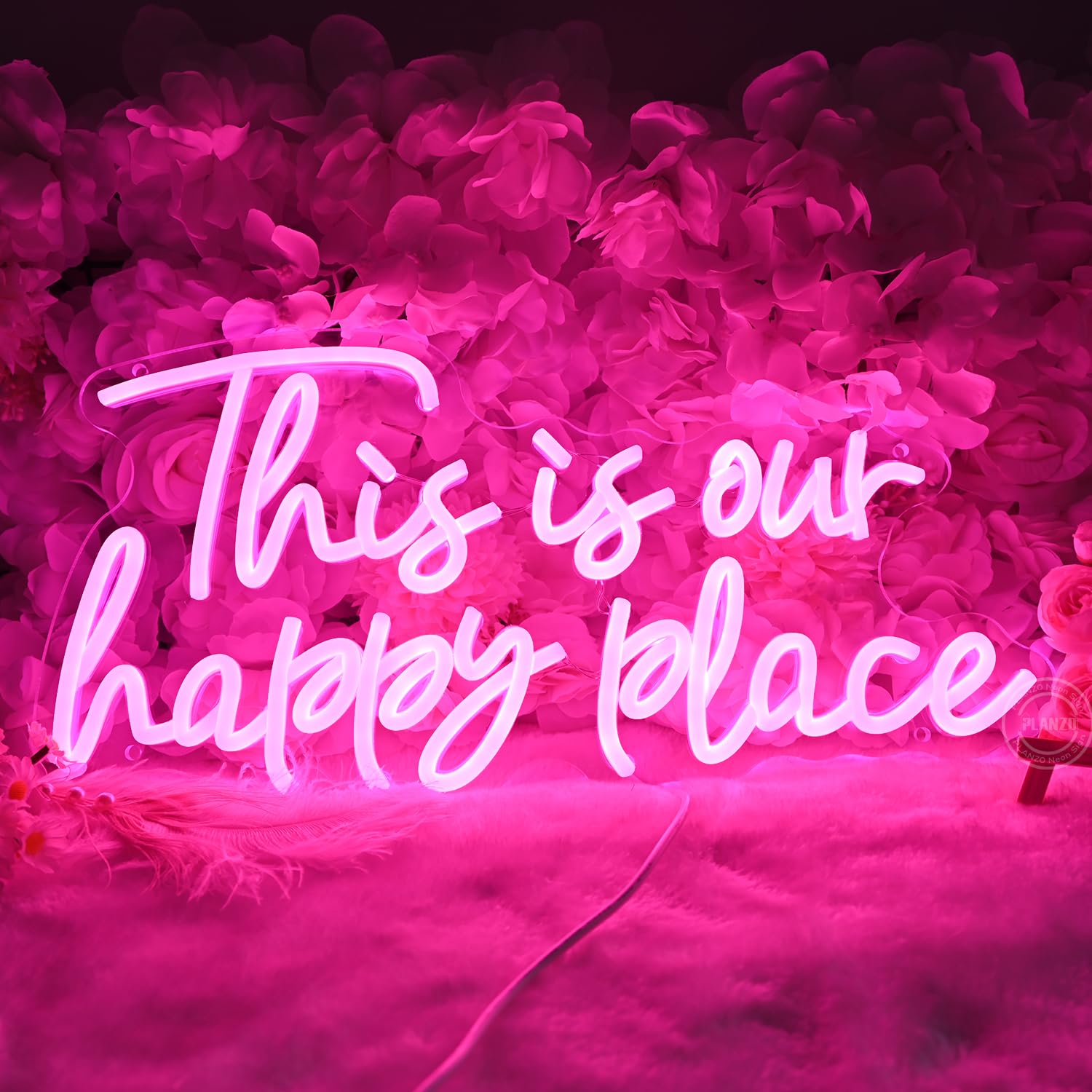 Planzo Neon Wall Sign, inThis is Our Happy Placein, Pink LED Acrylic, 16.54 x 8.07 inches, Home Bar Decor, Wedding Party Gift