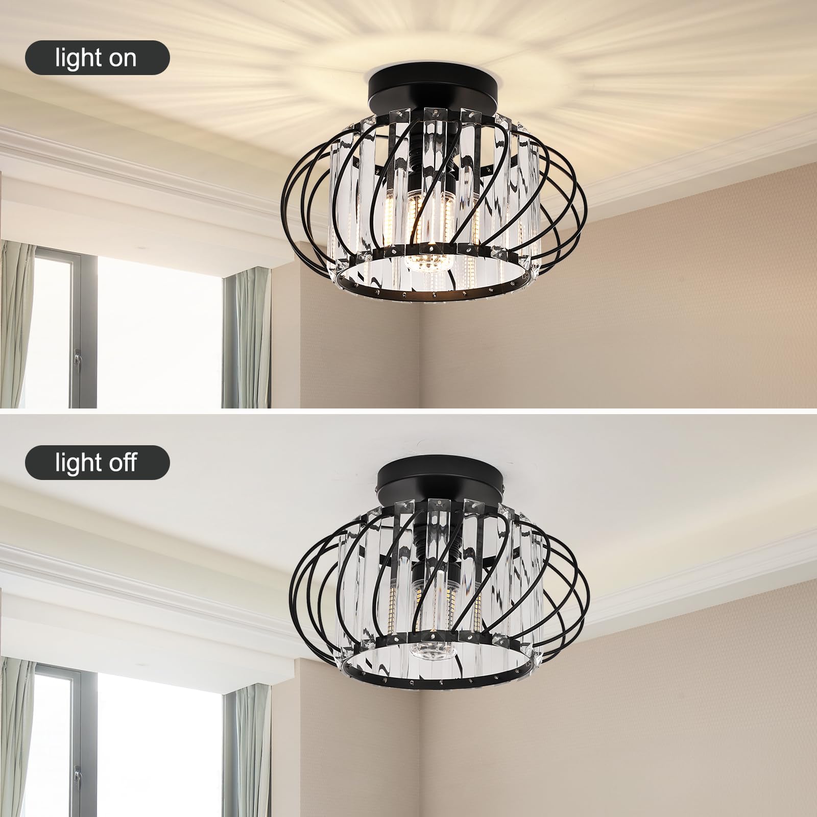 FRIDEKO HOME Semi Flush Mount Ceiling Light - 11-Inch Black Metal Crystal Chandelier for Bedroom Porch Kitchen Entryway, Model L01180-145-28CM-US