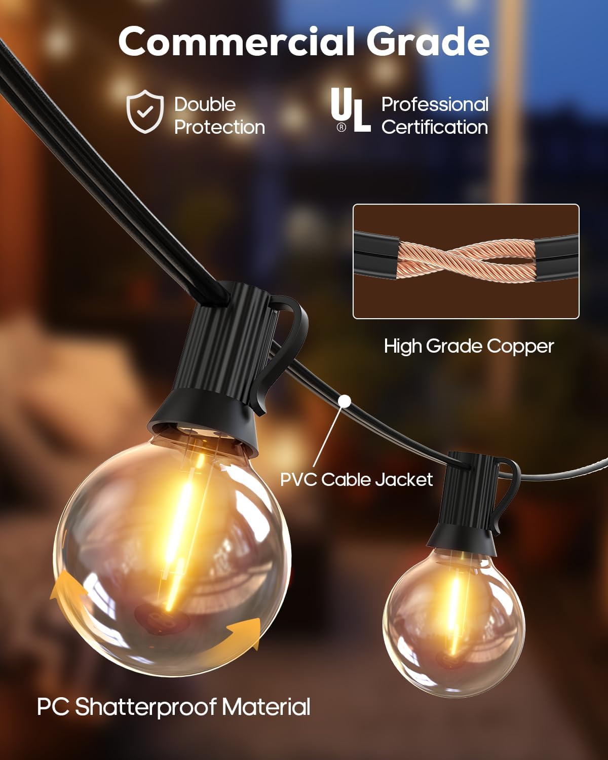 Goodea.Fun 50Ft Led Outdoor String Lights,G40 Globe Patio Lights With 27 Shatterproof Edison Bulbs, Waterproof Connectable Hanging Lights For Backyard Porch Balcony Party Decor(2 Spare)
