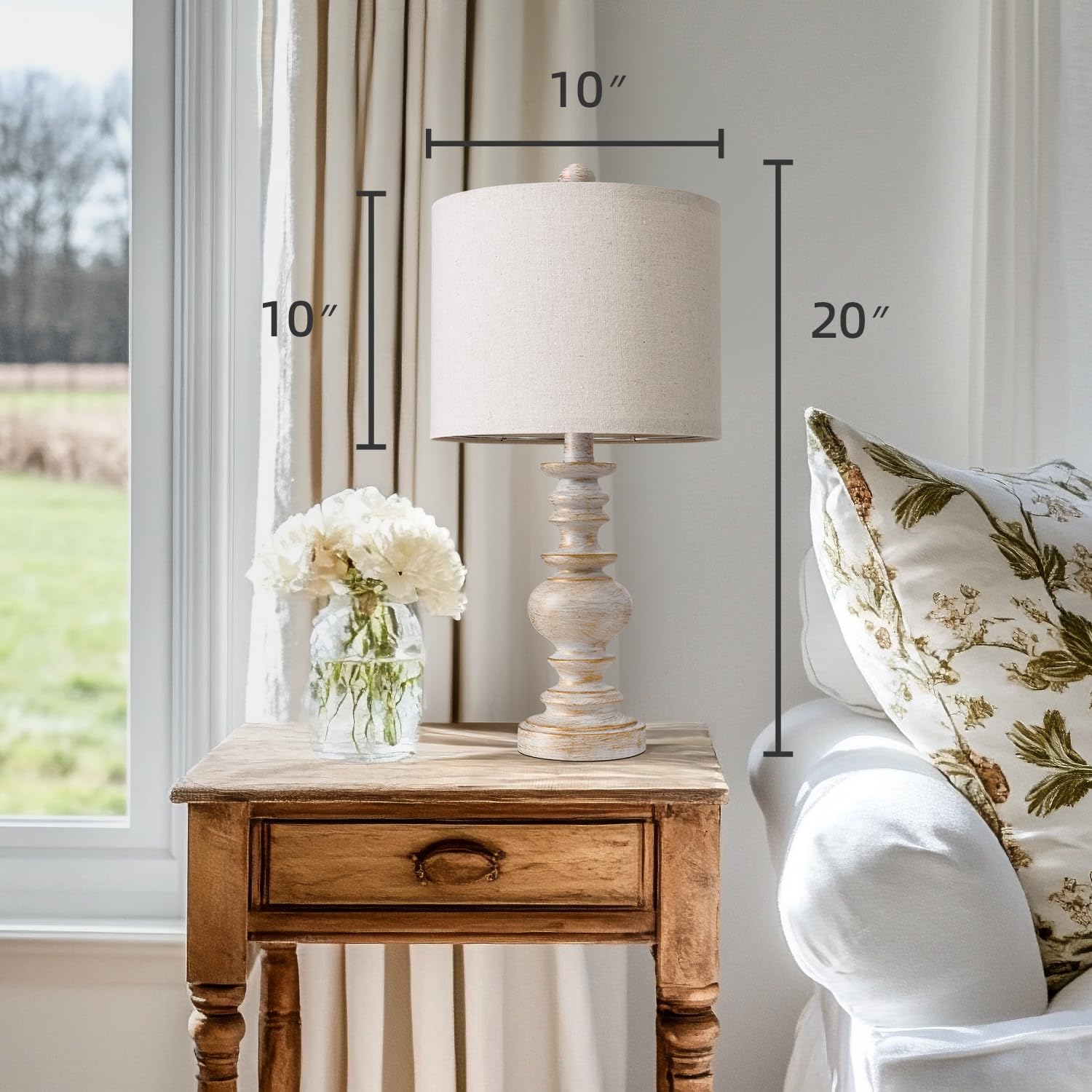 BOBOMOMO Retro Table Lamps Set of 2, 20in Small, White & Gold Finish, Linen Shades, Resin, Ideal for Living Room and Compact Spaces