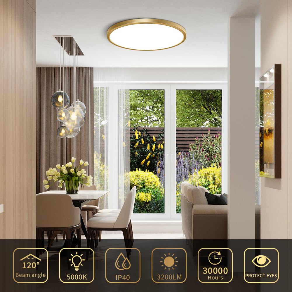 Fletergib 12 Inch Gold Led Ceiling Light, 5000K Daylight White, 24W Gold Flush Mount Ceiling Light, 3200Lm Round Low Profile Ceiling Lights For Bedroom, Living Room, Dining Room
