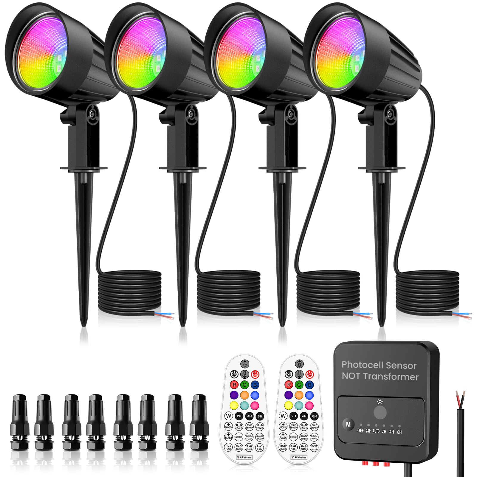 Zzxx 15W Rgbw Low Voltage Landscape Lighting Color Changing Spotlight Outdoor Ip66 Waterproof Led Landscape Light Photocell Sensor With Remote Control For House Garden Yard Tree (Ac/Dc 12V-24V 4 Pack)