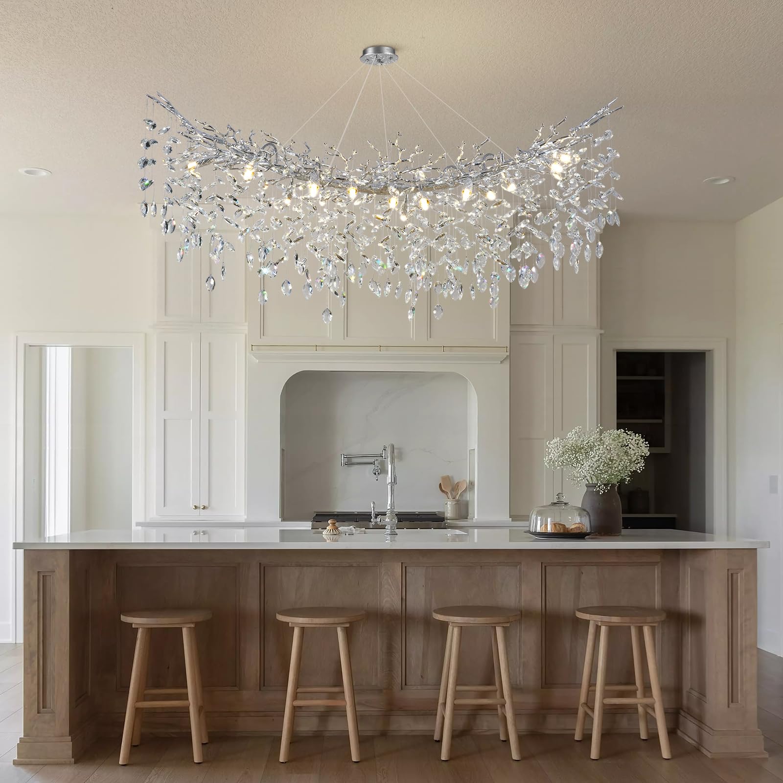 kvtinmty Modern Crystal Silver Chandelier, 55" Rectangular 16-Light Flush Mount for Dining Room and Kitchen Island