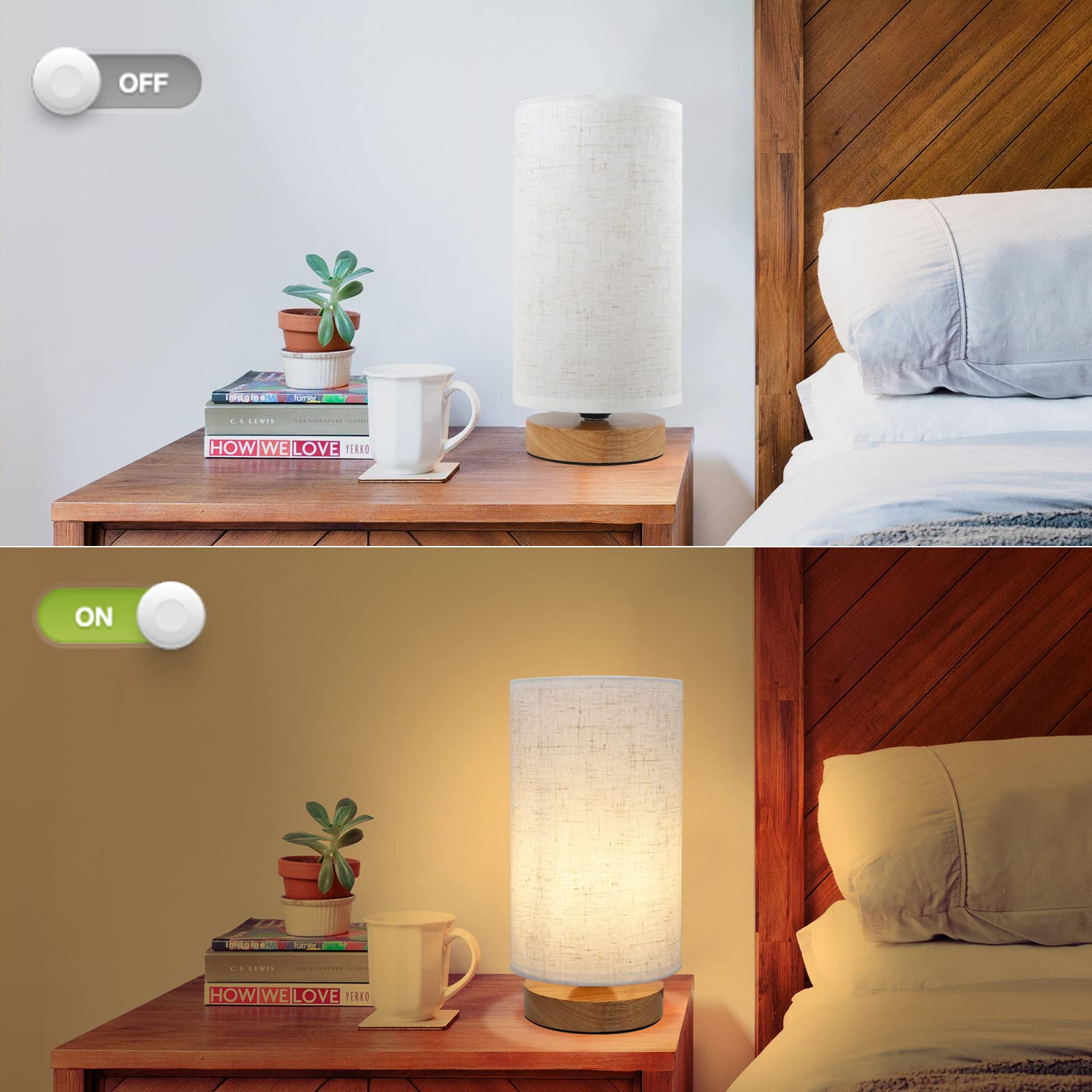 SEENSINY Small Bedside Lamp - Minimalist Fabric Shade, Beige, Ideal for Bedroom, Living Room, Office, Set of 1