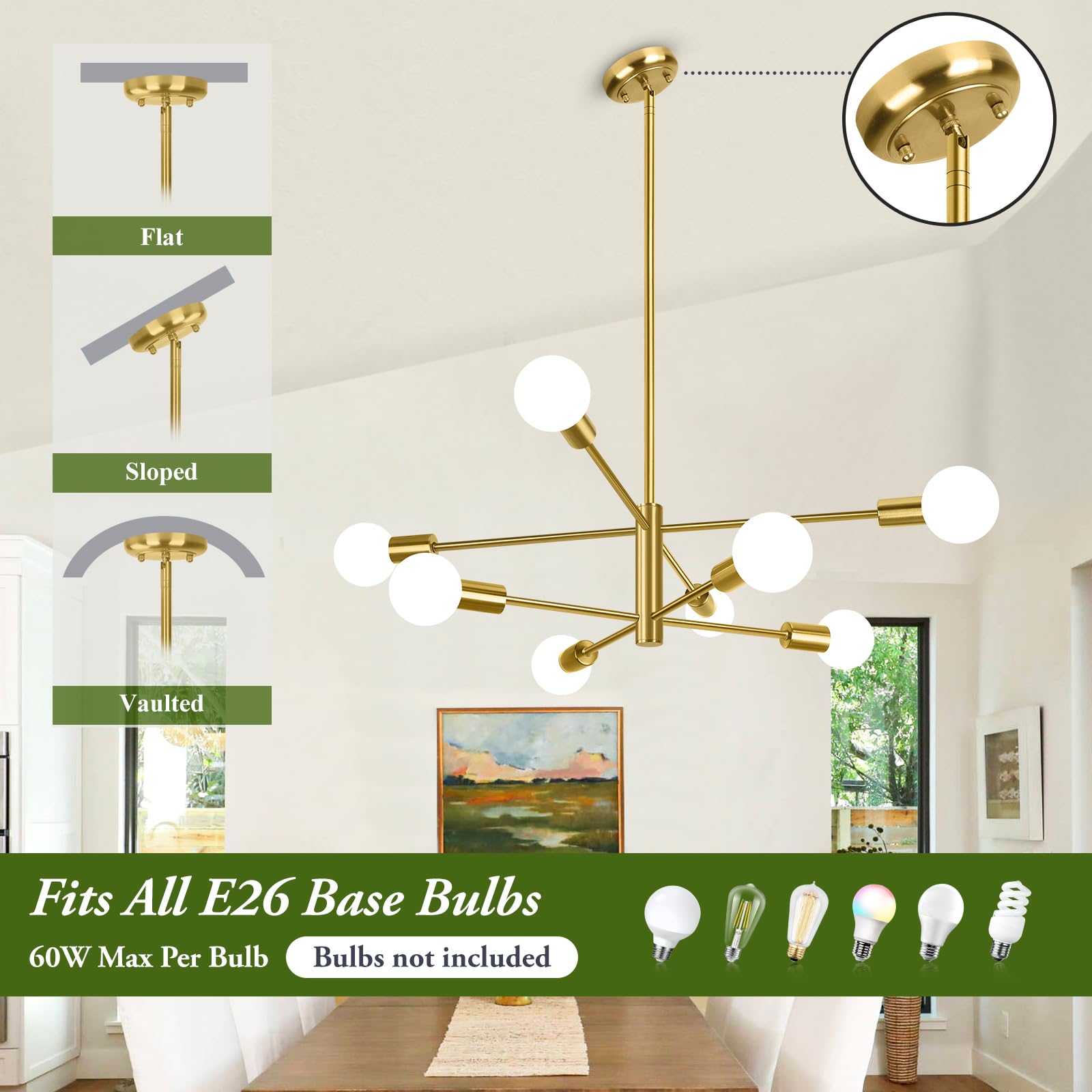 Beslowe 8-Light Modern Sputnik Chandelier, Mid Century Gold Chandeliers Lighting, Farmhouse Ceiling Hanging Light Fixture For Di