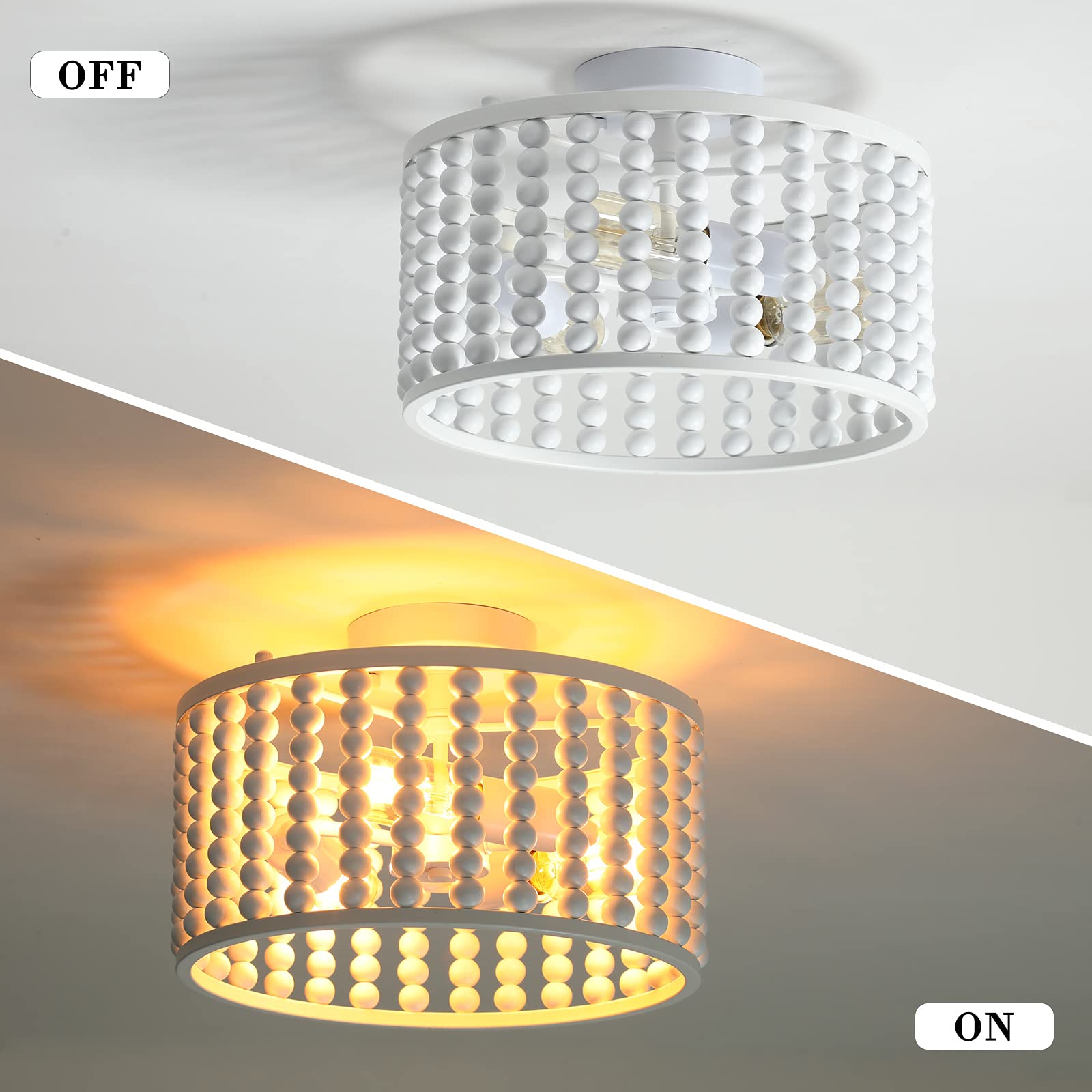 Tewei Wood Bead Chandelier, Rustic Semi Flush Mount Light Fixture For Boho Nursery & Home