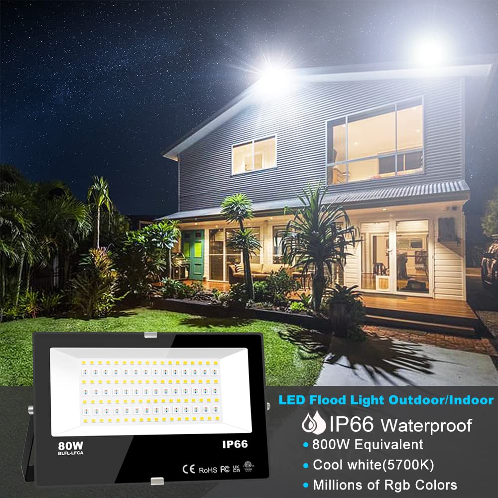 MELPO LED Flood Light 800W Equivalent RGB Landscape Light 4 Pack, 8000LM, IP66, 5700K Daylight White, Aluminum, Controlled by BRmesh APP