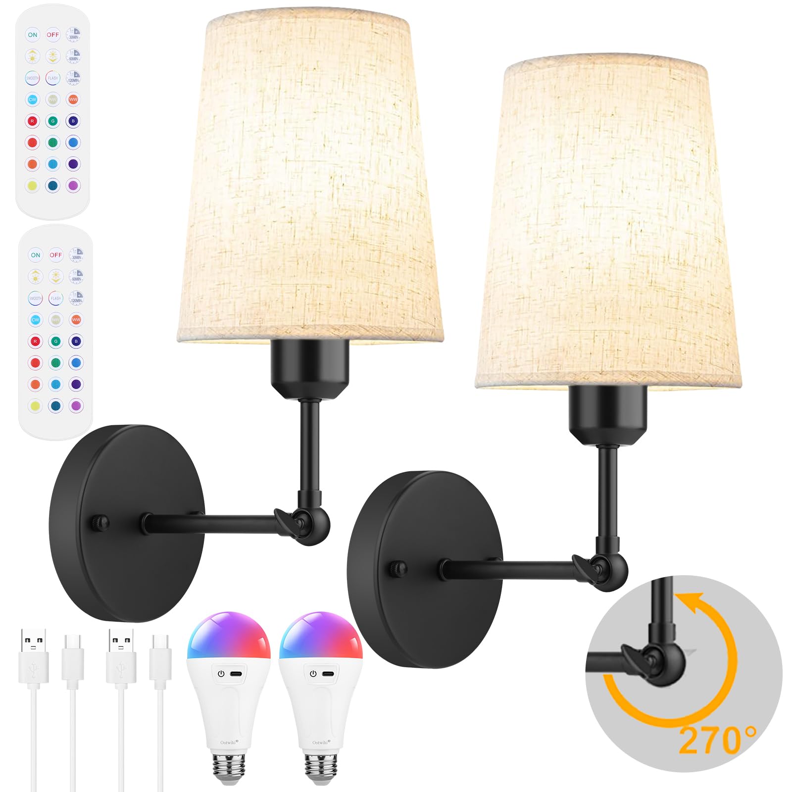 Ostwiki Battery Operated Wall Sconce Set of 2 Black Rechargeable Wall Lights with 5200mAh Dimmable RGB Bulbs and Remote Control 270Rotation Wireless Wall Lamps for Indoor Bedroom Living Room Hallway