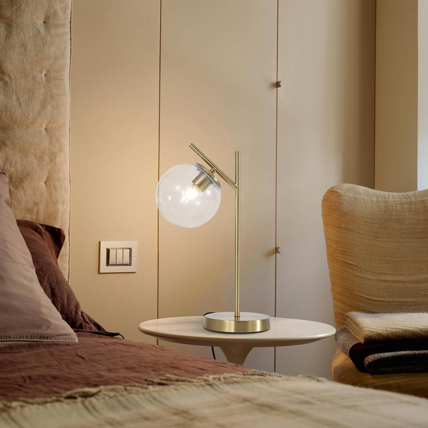 Fulesi Mid Century Modern Table Lamp Contemporary Metal Brass Bedside Lamps With Clear Glass Lampshade Gold Globe Nightstand Lam