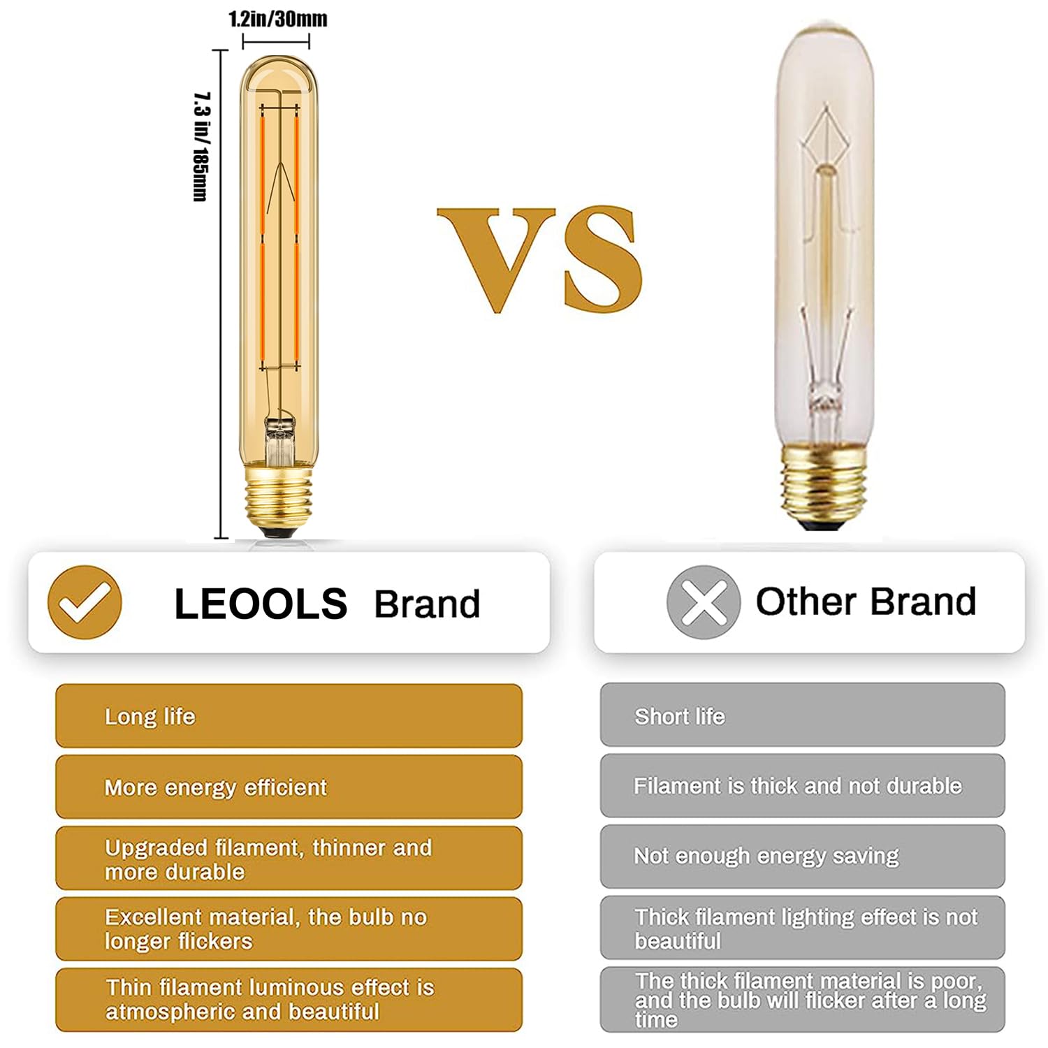 Leools Amber T10 Led Bulb 8W Equal E26 Edison Bulb 60 Watt Ac120V Dimmable 7.3Inch Tubular Light Bulb Warm White 2700K 600Lm E26