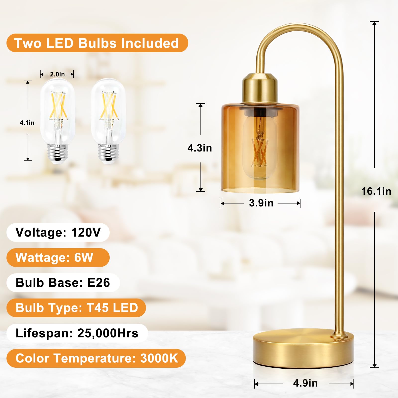 Amber Gold Desk Lamps For Home Office - 3 Way Dimmable Touch Gold Lamp With Usb C+A Ports, Nightstand Lamp With Glass Shade,Bedside Table Lamps For Night Stands, Bedroom,Living Room, Led Bulb Included