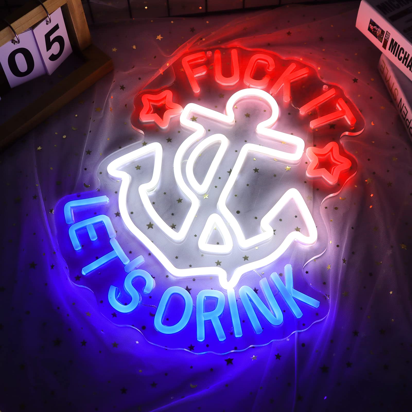 JFLLamp Neon Sign for Wall Decor, inLets Drinkin, 14.5x16 inches, Plastic, Red/White/Blue, Model NS-IT LETS DRINK