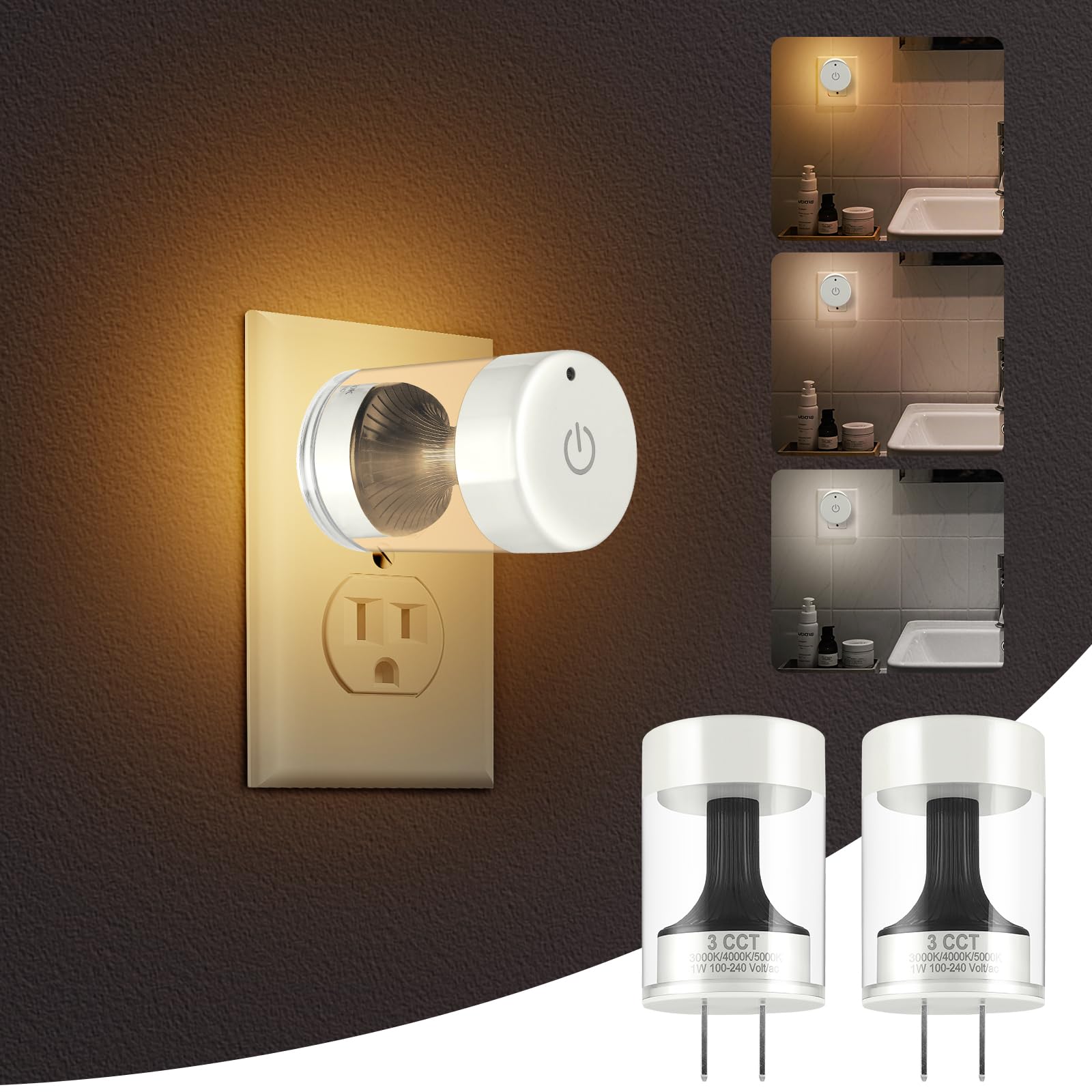 TSEXES 2 Pack LED Night Light Plug into Wall 3000K/4000k/5000K Adjustable Color Temperature Night Light,Touch Control Nightlight