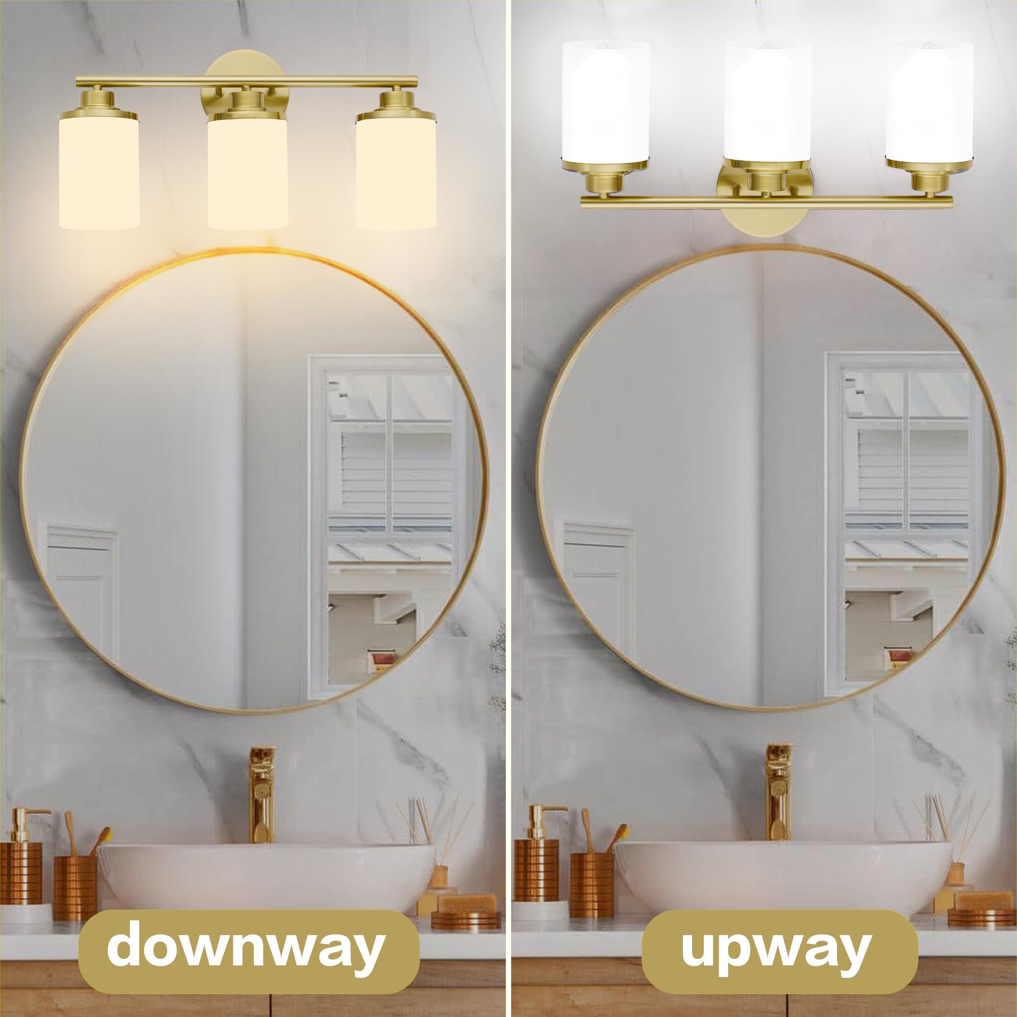 Halialumi Brushed Gold Bathroom Light Fixtures,3-Light Gold Vanity Lights,Brass Bathroom Lights Over Mirror,Mid-Century Modern Wall Sconces With Frosted Glass Shades For Bathroom,Living Room