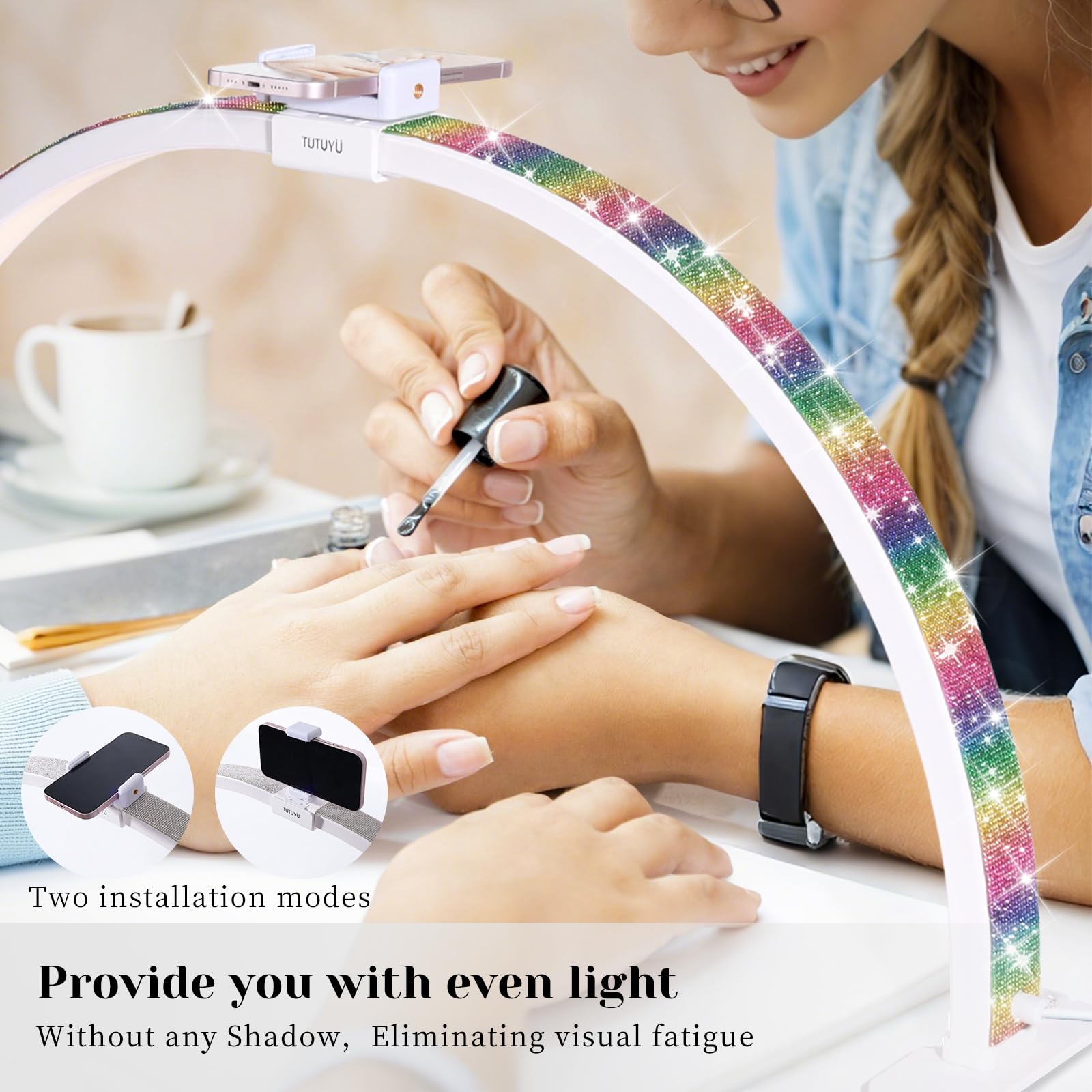 Tutuyu Upgraded 31.5 In Half Moon Light, Easily Detachable & Assemblable Arched Nail Led Lamp & Eyelash Lamp For Desk With Mobil