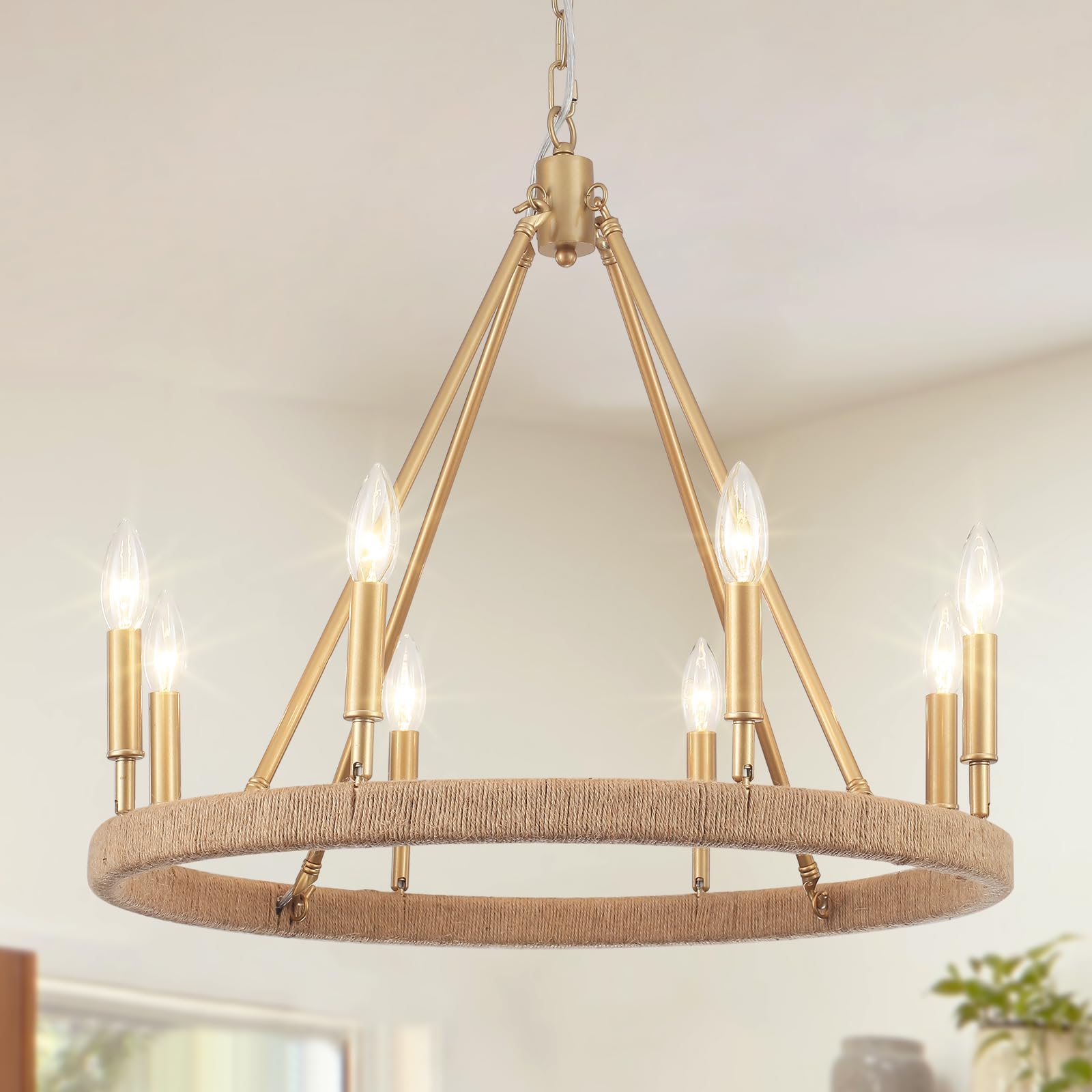 ASHUAQI 24 Gold Wagon Wheel Chandelier  8-Lights Gold Farmhouse Chandelier for Dining Room  Rustic Round Pendant Light Fixture for Living Room Foyer Entryway High Ceiling