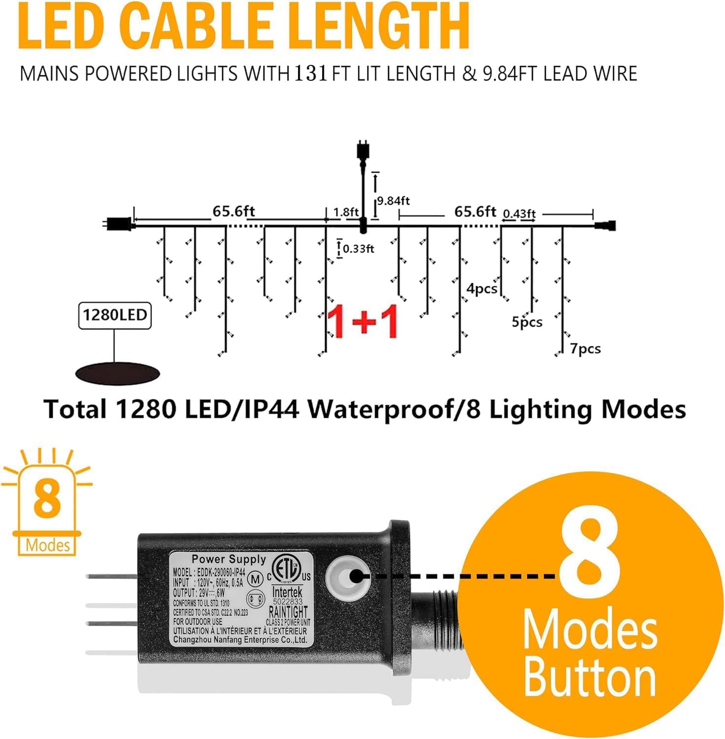 Heceltt Christmas Lights Outdoor 131FT 1280 LED Cool White IP44 Waterproof with 240 Drops, 8 Modes Timer Memory Function