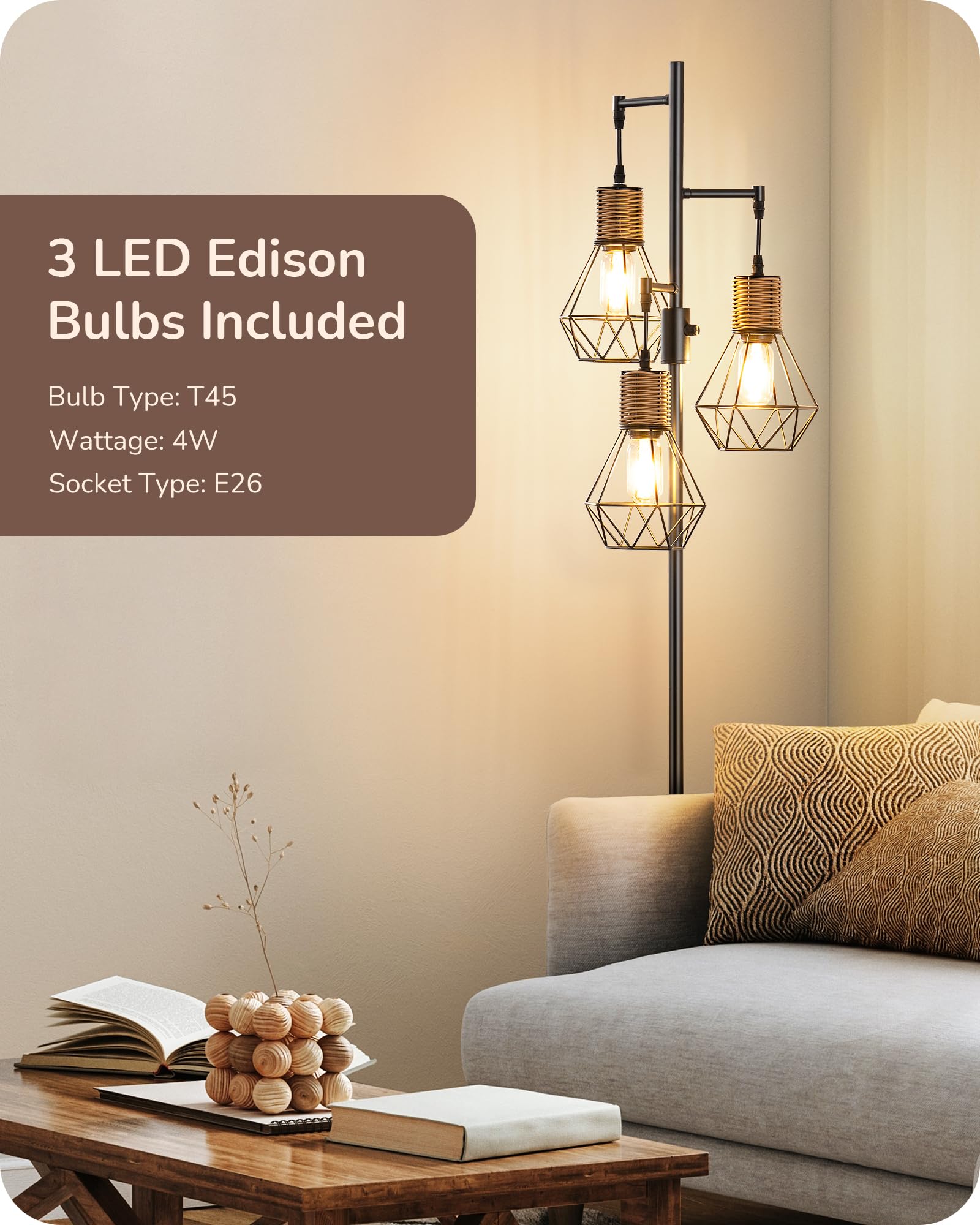 Edishine Dimmable Industrial Floor Lamp, Farmhouse Standing Lamp For Living Room, Diamond-Shaped Cage, Corner Rustic Rattan Read