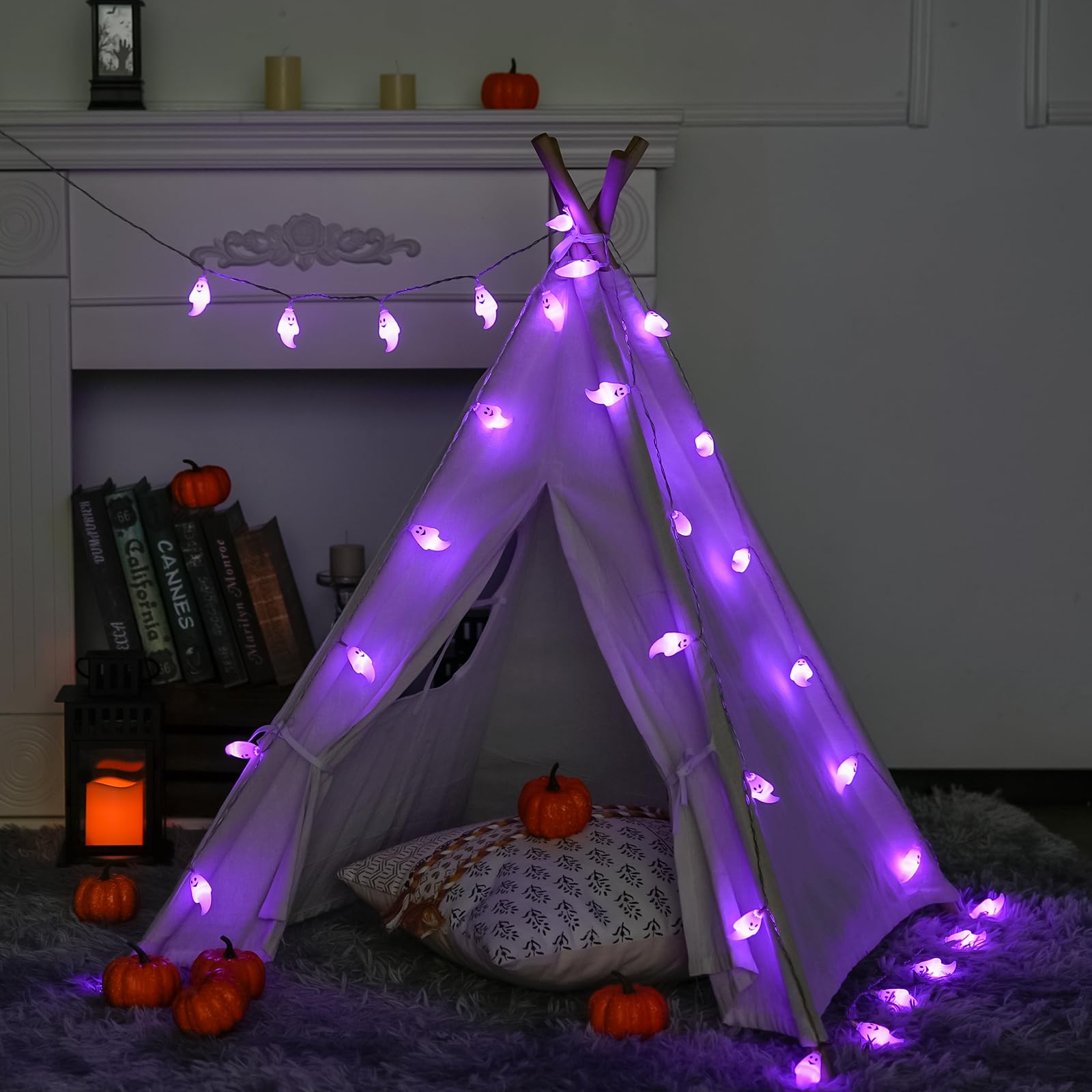 JMEXSUSS 30 LED Halloween String Lights, Battery Operated Ghost String Lights, Purple Indoor Halloween Lights for Outdoor Party