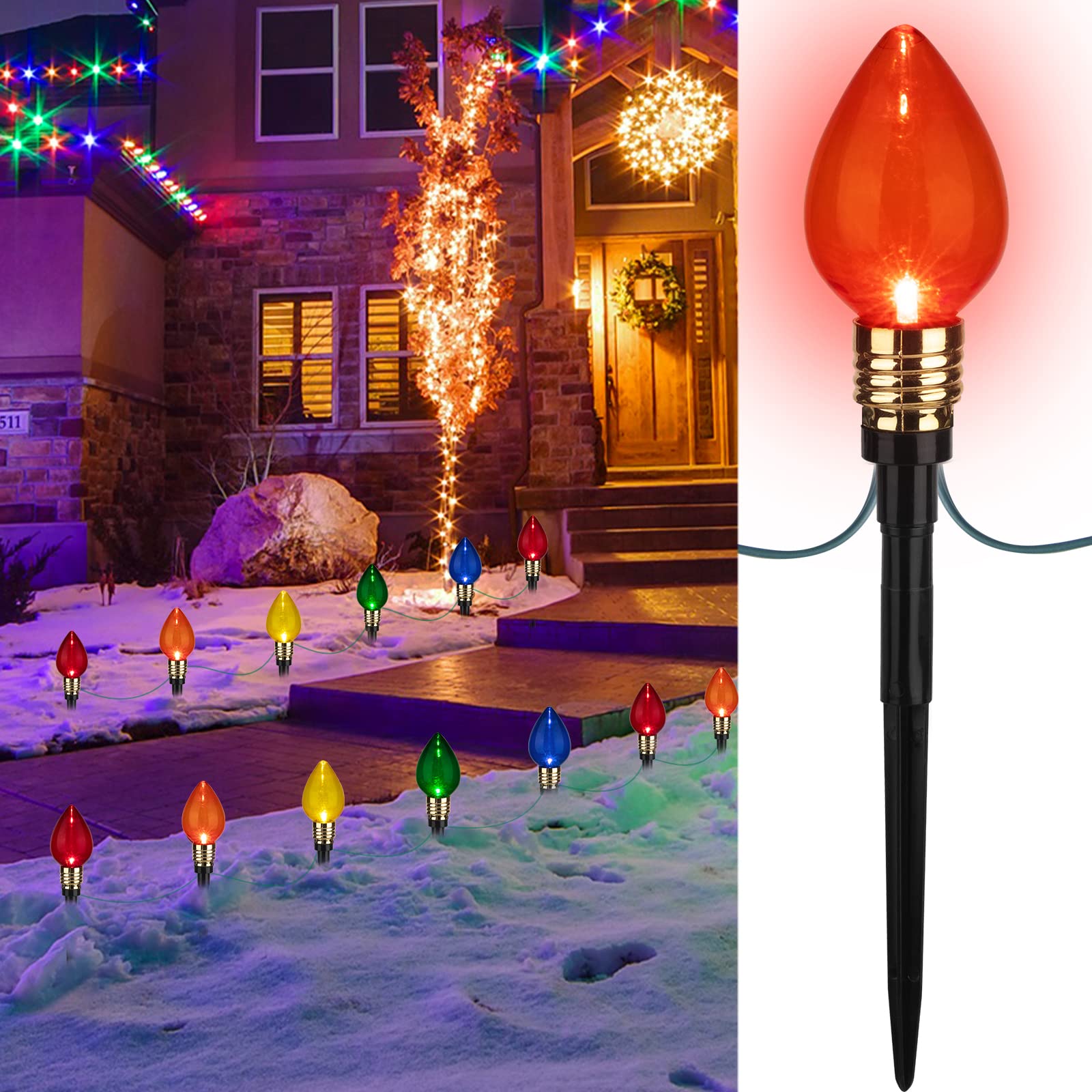 2 Pack C9 Christmas Pathway Lights - Outdoor Total 34.8 Ft, 20 Waterproof Connectable Walkway Lights for Yard, Ground, Sidewalk,