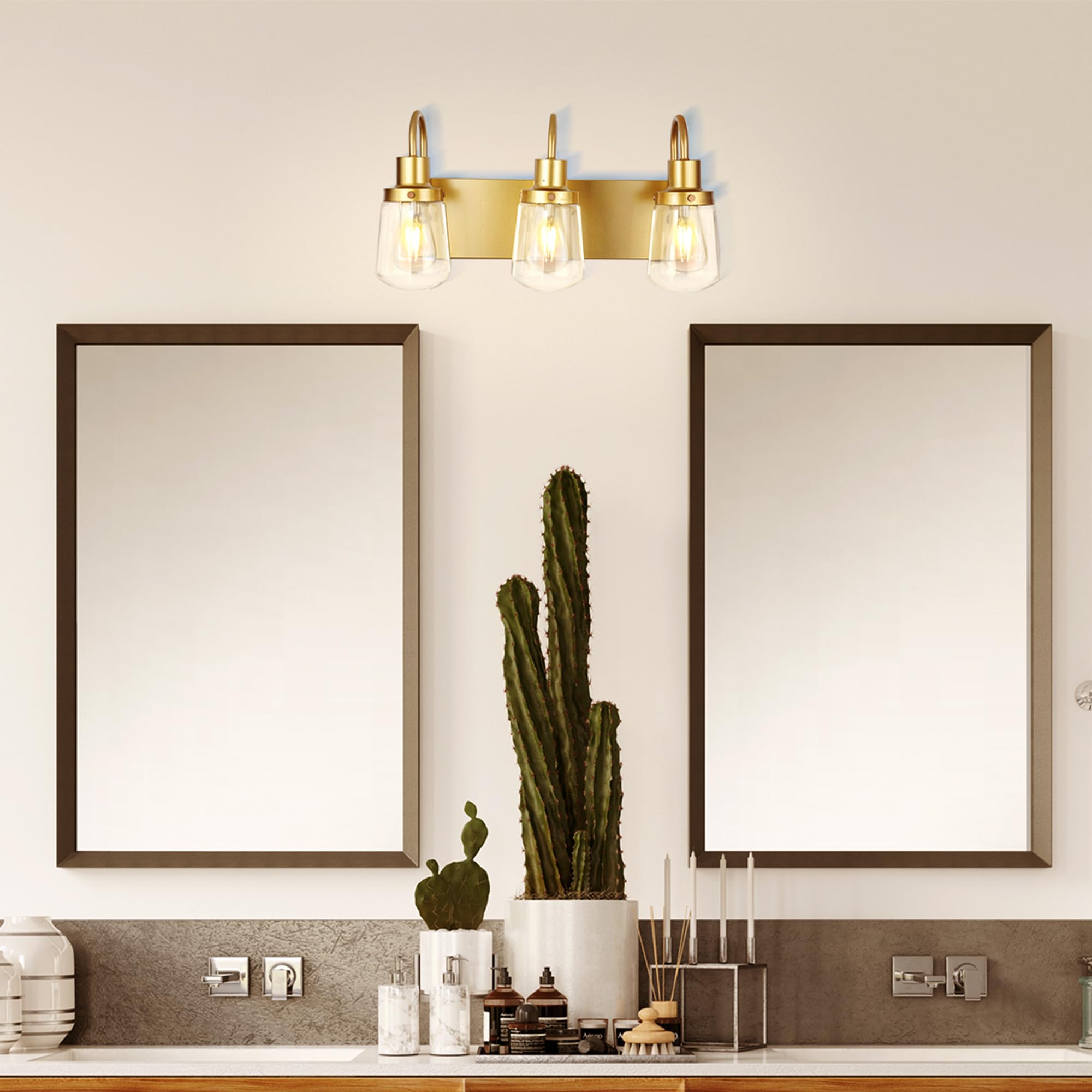 Yaohong Industrial Wall Sconce 3-Lights Modern Vanity/Bathroom Lamp In Painted Gold With Clear Glass Shades Wall Mount Light Fixtures For Hallway Kitchen Living Room