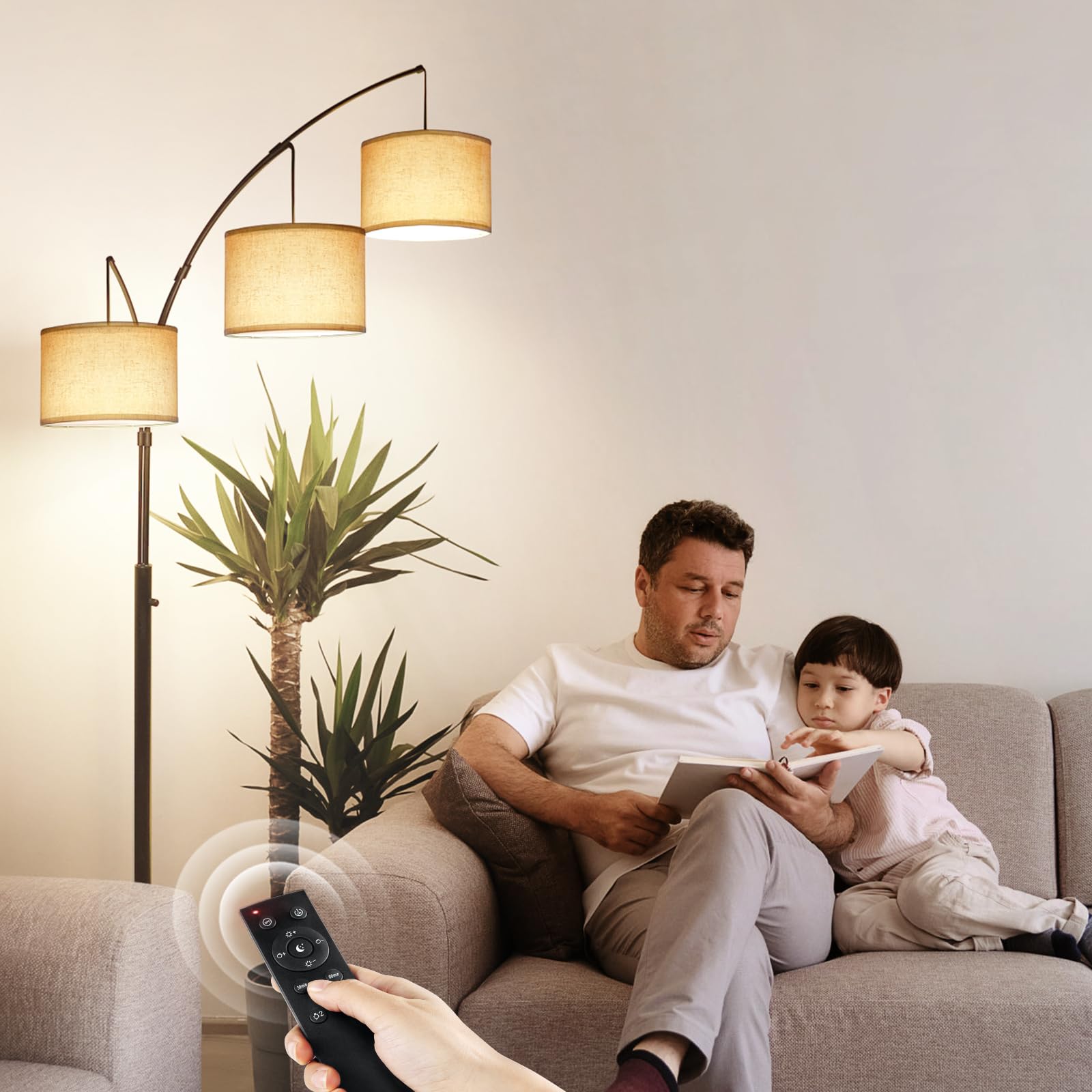 Outon Floor Lamp With Remote Control, Modern Bright Lamps For Living Room, Adjustable 3-Light Tall Arched Lamp For Bedroom, Offi