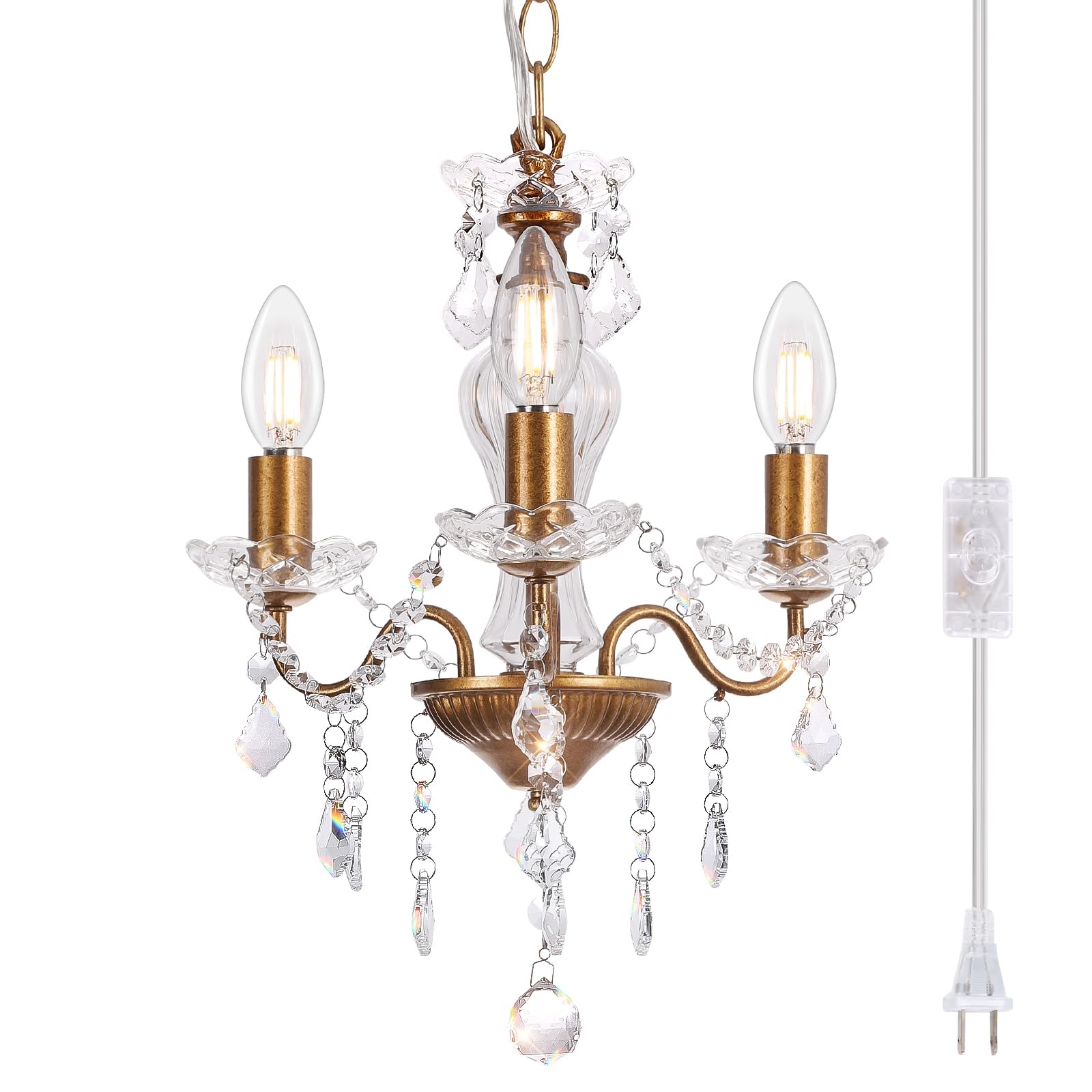 Chanlited Plug in Modern 3-Light Vintage Gold Chandelier with Glass Crystals  Candle Style Pendant Light Fixtures for Living Room  Girls Room  Kitchen Island  Entryway