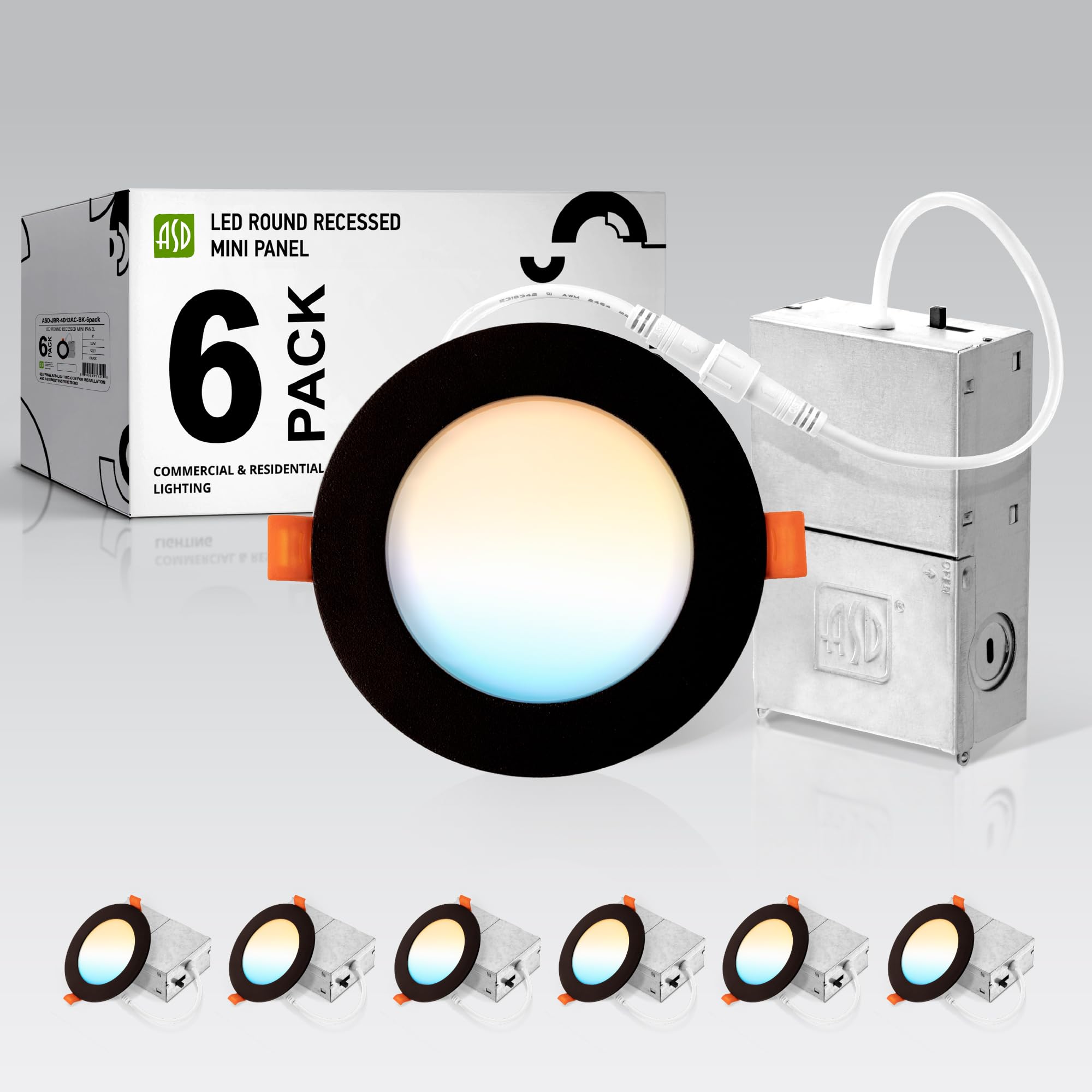 Asd 6 Pack Led Recessed Lighting 4 Inch 12W  5 Cct 2700K-5000K Cri90+  Ic Rated Ultra Thin Dimmable Ceiling Lights With J Box  Canless Wafer Downlight  Round Slim Panel Light  Ul Listed  Black