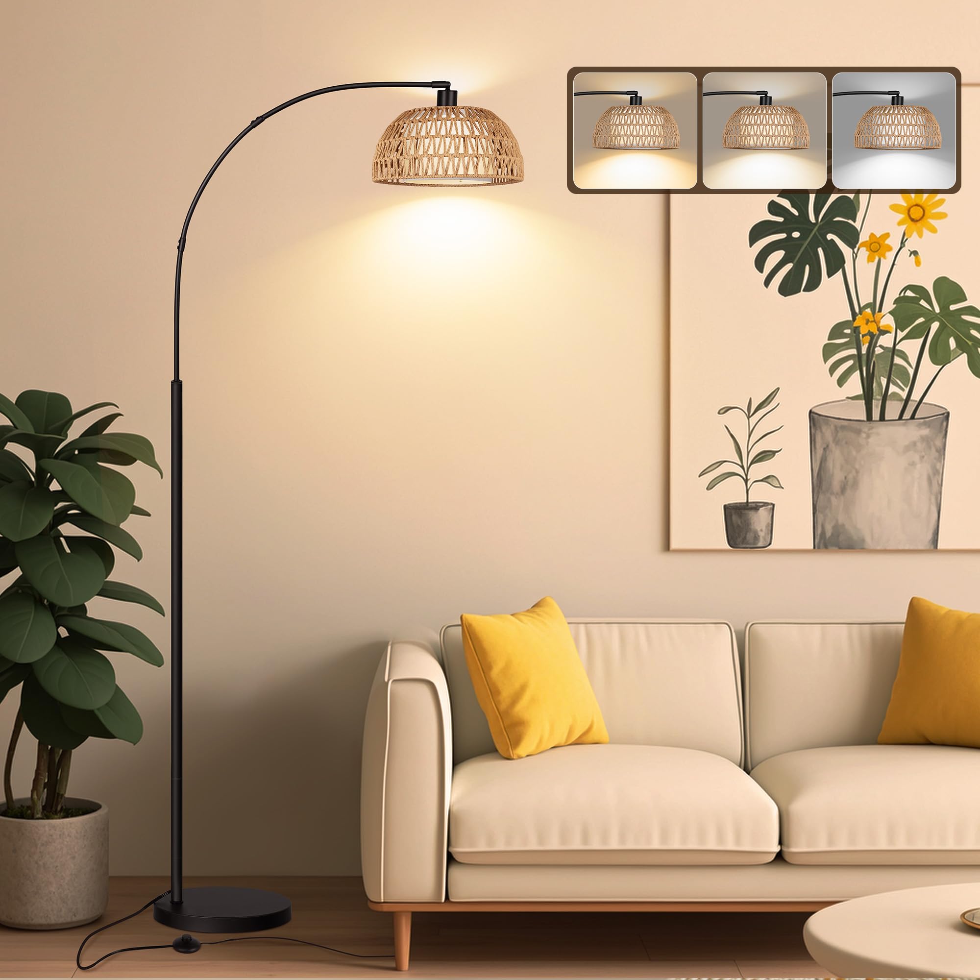 Rottogoon Arc Rattan Floor Lamps For Living Room With 3 Color Temperatures, Boho Floor Lamps With Foot Switch, Bohemian Farmhous