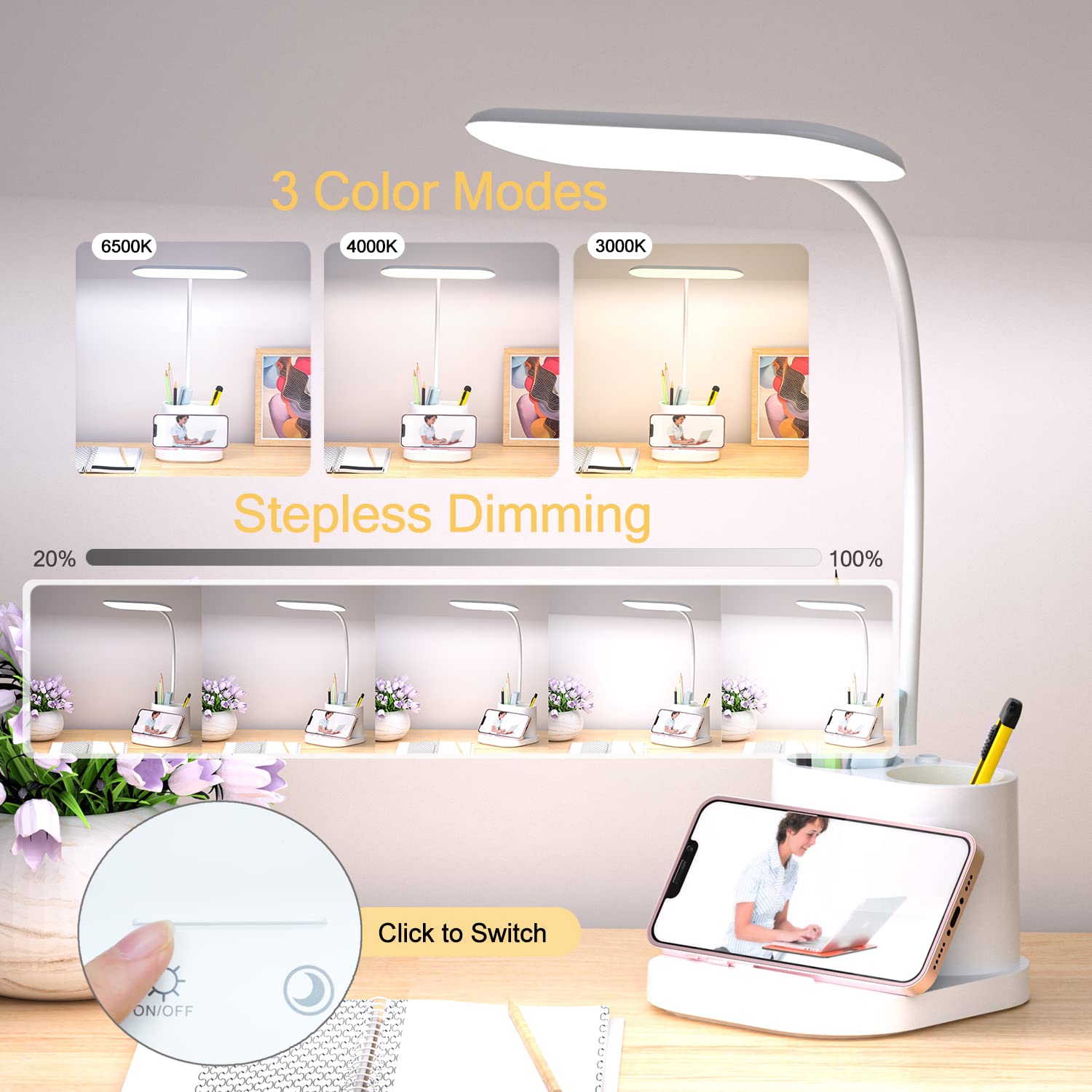 Youkoyi Led Desk Lamp - Rechargeable Touch Control, Stepless Dimming, 3 Color Modes, Gooseneck, White, Model T22