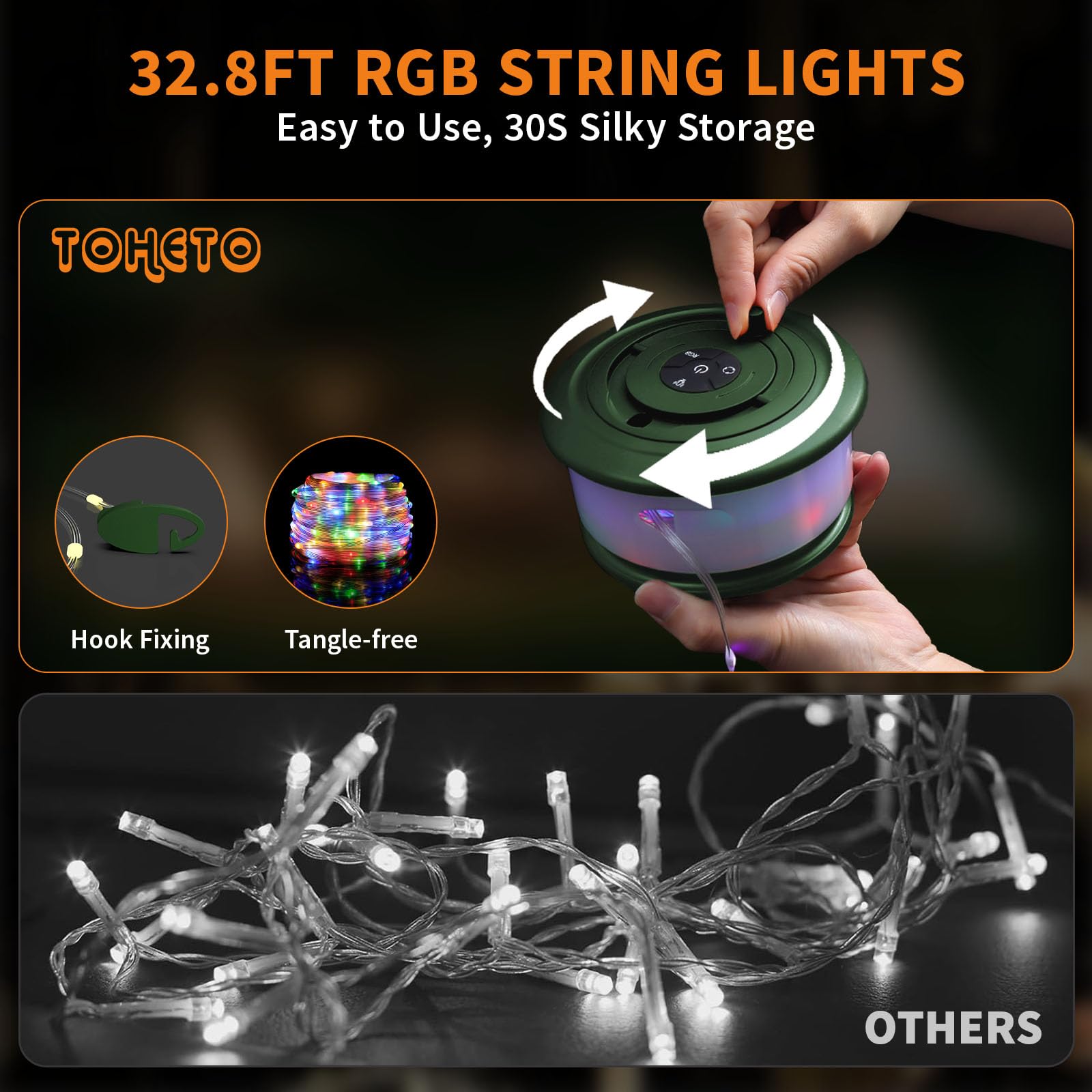 TOHETO Camping String Lights, 3-in-1 RGB Outdoor Lantern, 19 Modes, 32.8 FT, Rechargeable, Green, Model JSK-L26