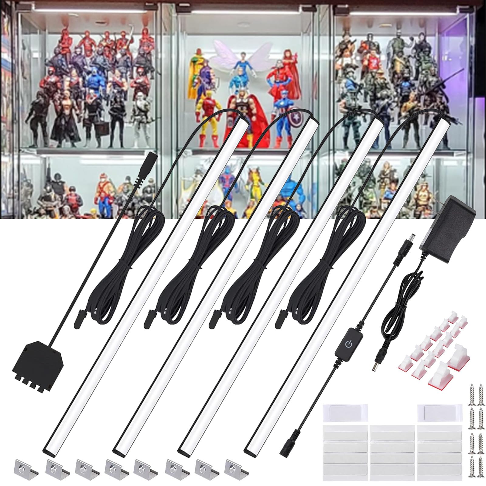 Martronic 4-Pack 12 Inch LED Display Case Lighting Kit, Black Dimmable Bookshelf Light Bars with 12V Power Adapter, 6000K Bright