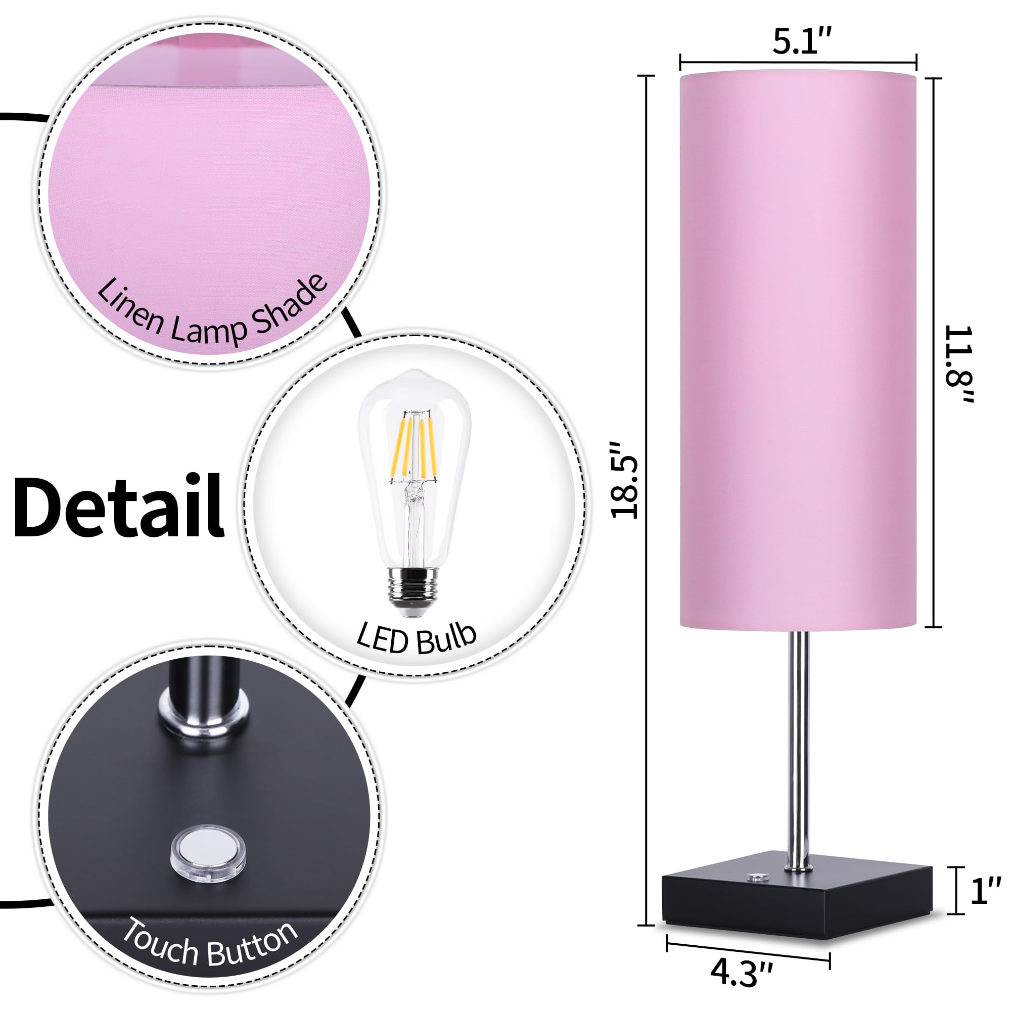 AVV Cordless Table Lamp - 5000mAh Battery, Touch Control, 3 Modes, 18 Inch, Pink, Model RD-BTL4W-002