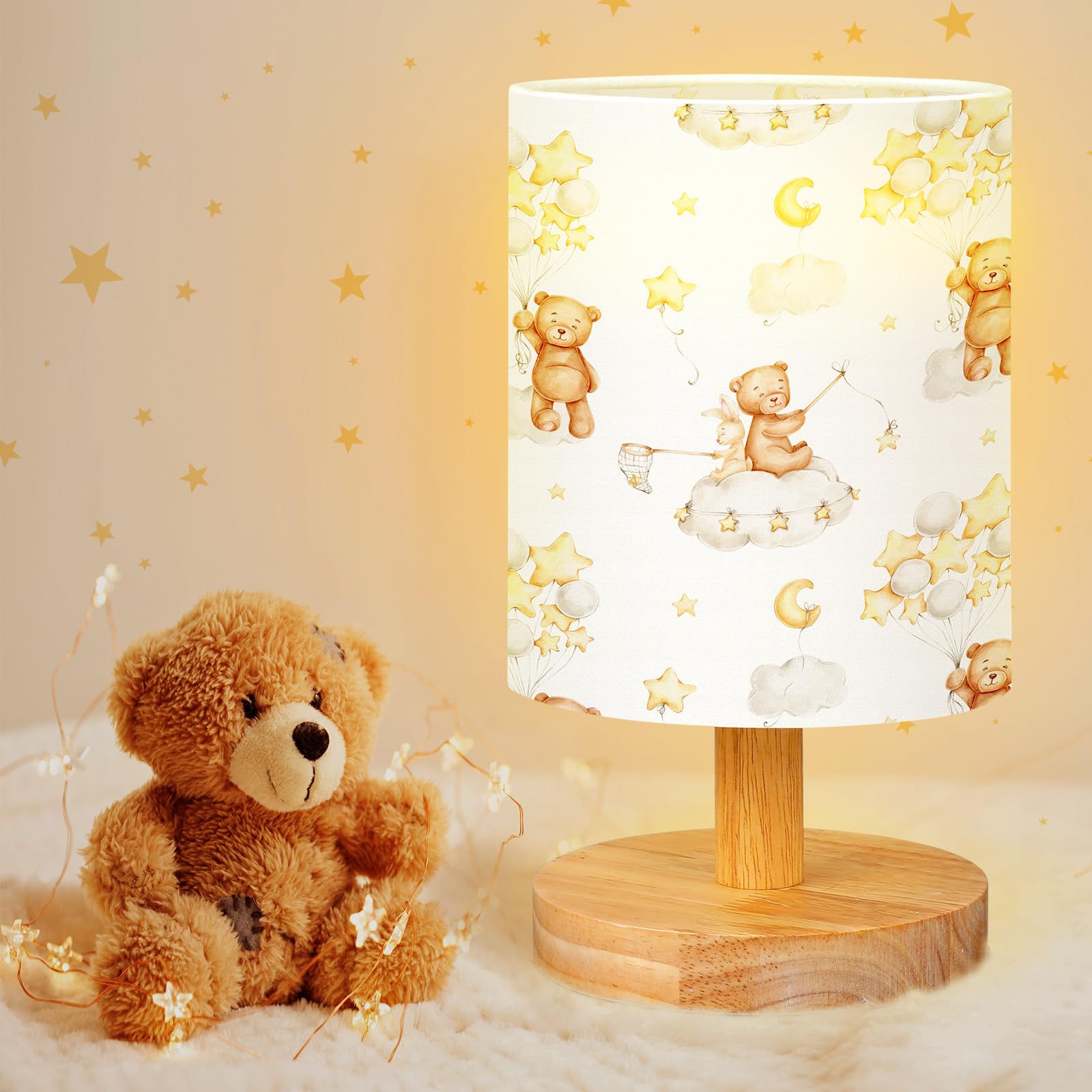 VIHOSE Bear Table Lamp for Bedroom Kids Bedside Lamp with Linen Wooden Nightstand Lamp Cartoon Nursery Lamp Lampshade for Girls 