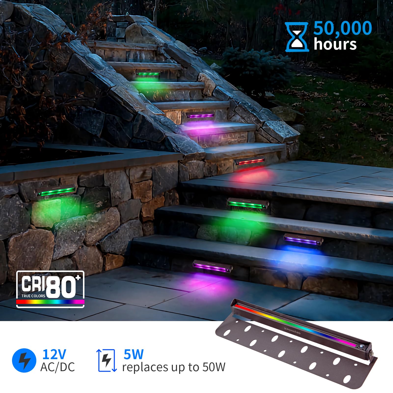 Kwinmyso RGBW LED Hardscape Lighting - 7" Swivel Paver Lights, 8 Pack, Low Voltage, 50,000 Hours Lifespan