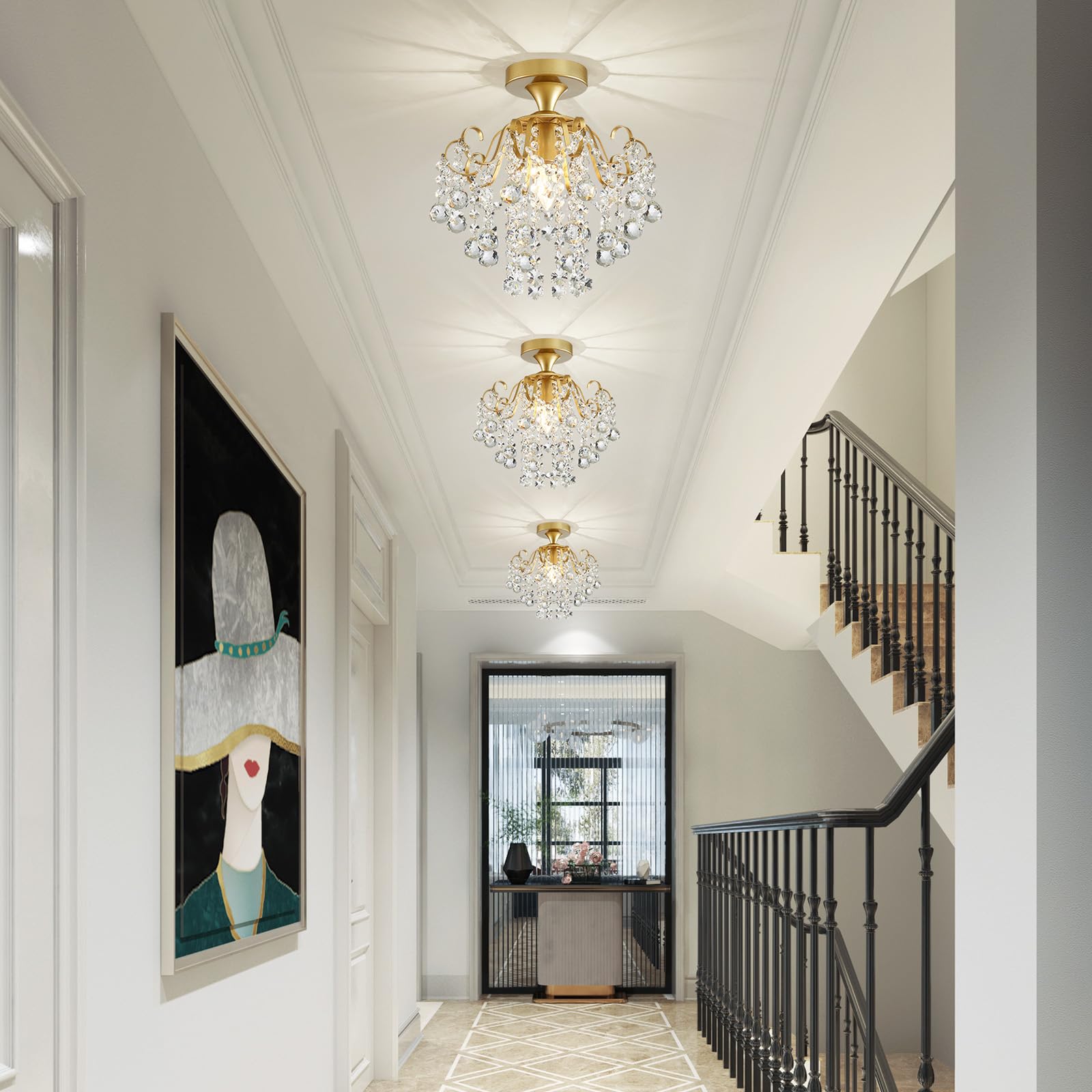 WUZUPS Crystal Chandelier Flushmount Ceiling Light, Gold Metal, H 13.4" x W 12.6", Model EUHD0351, Ideal for Bedroom, Hallway, Kitchen